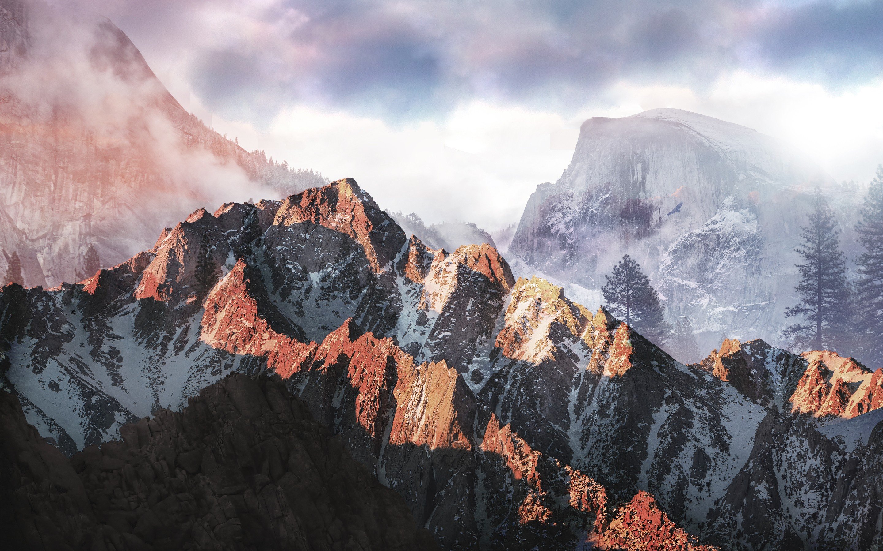 Sunset mountains with snow and forest HD Wallpaper
