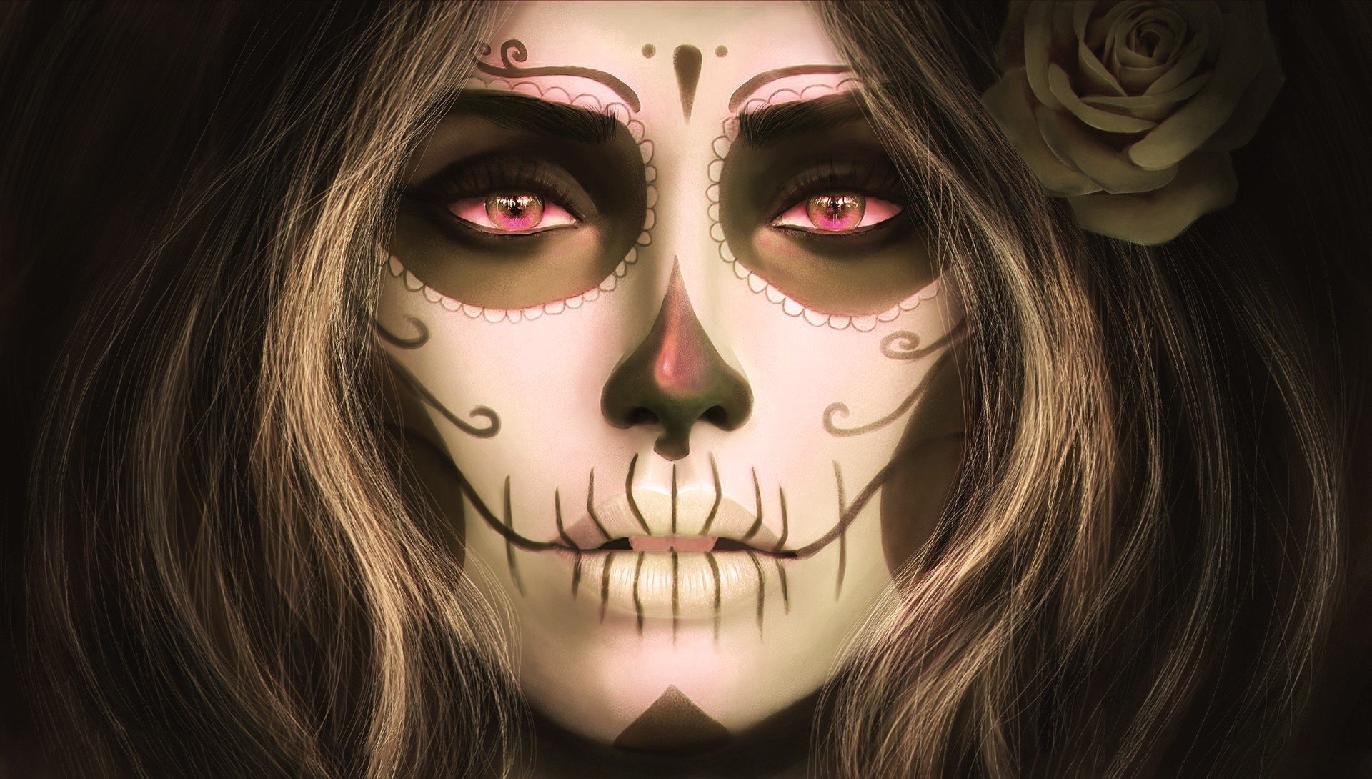Woman with Sugar Skull Makeup and Rose HD Wallpaper
