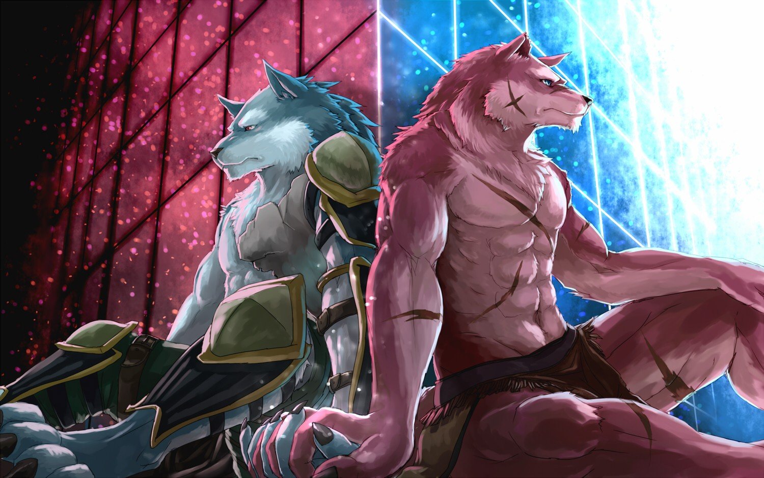 Anthro Dual Wolves in Contrasting Light HD Wallpaper