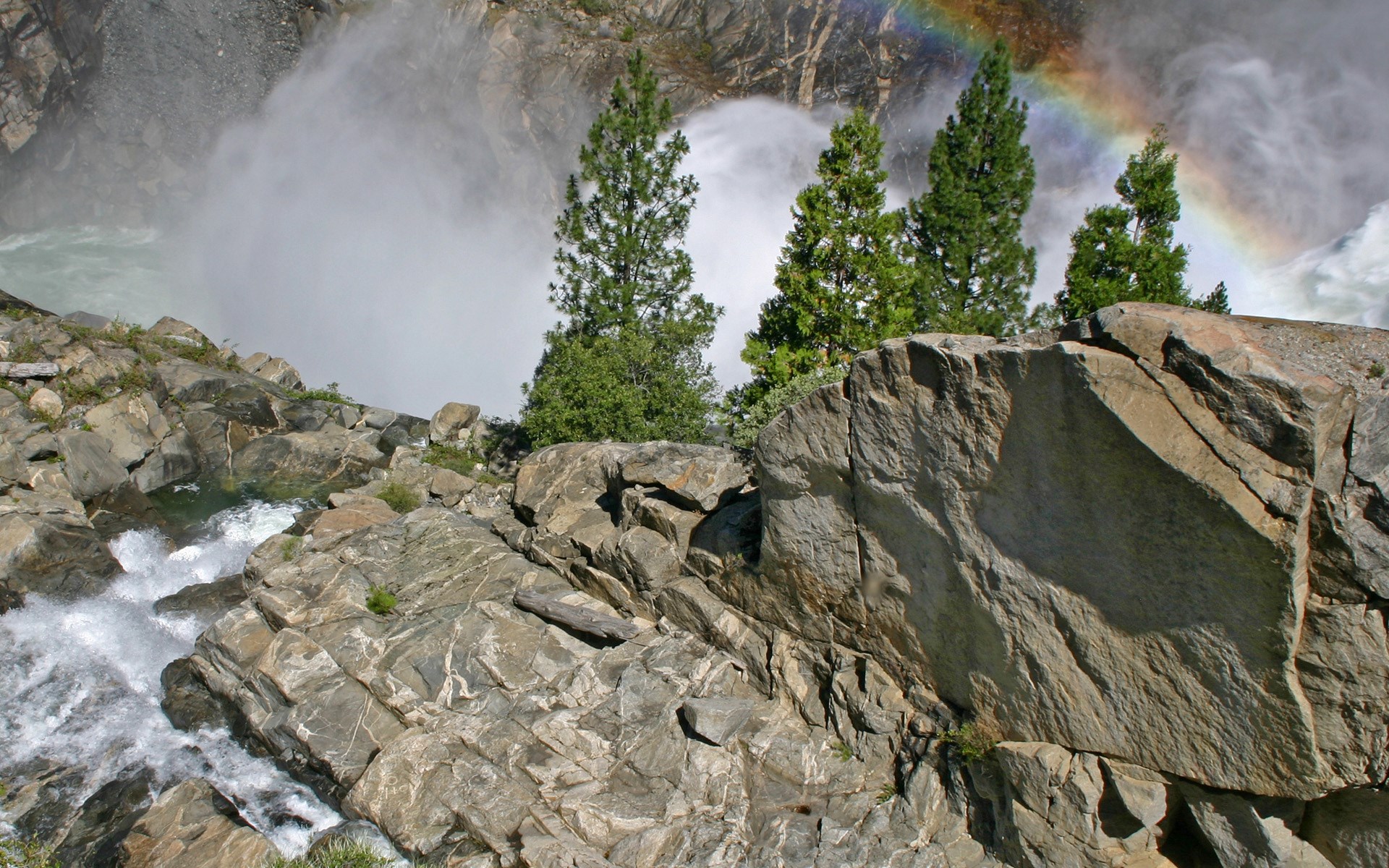 Waterfall with Rainbow and Trees HD Wallpaper