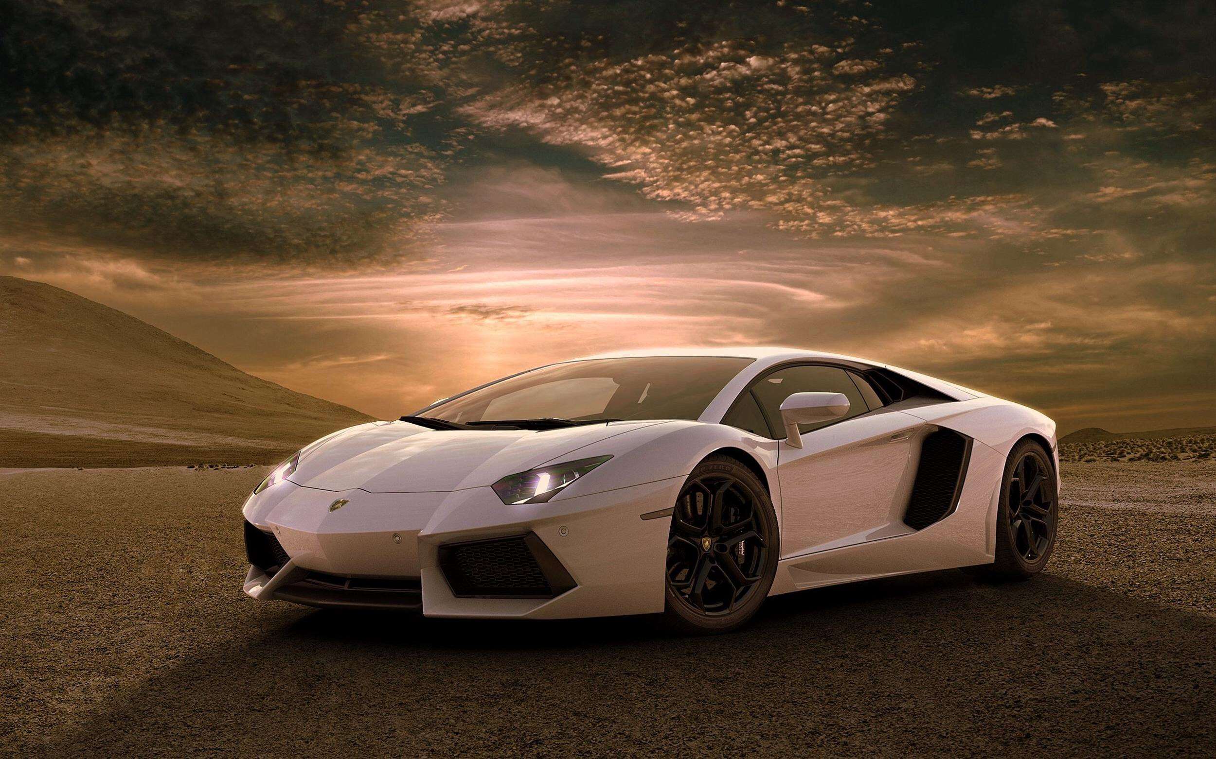 White Lamborghini Aventador on a dirt road at sunset HD Wallpaper