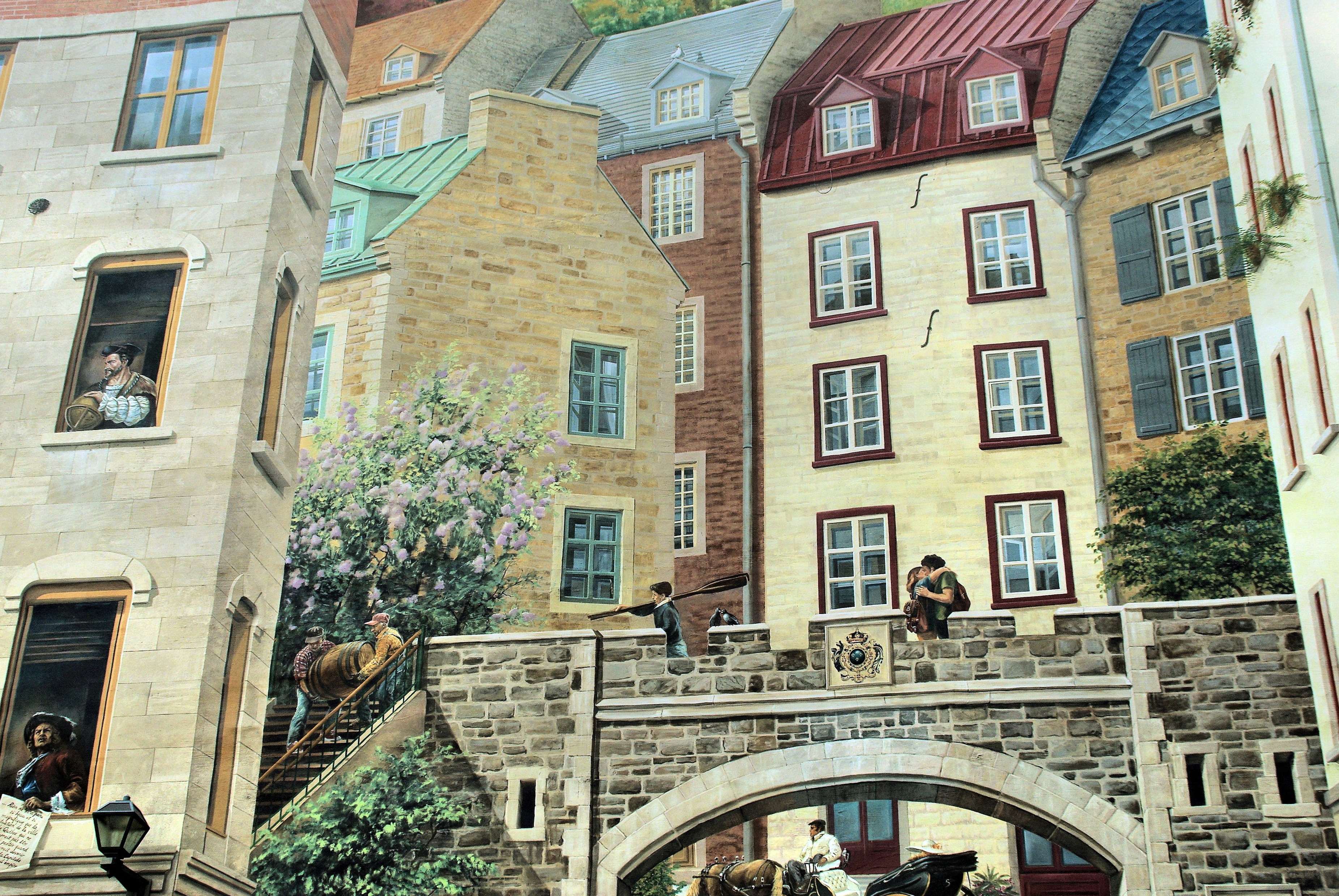 Mural in Quebec's Lower Town depicting historical scenes HD Wallpaper
