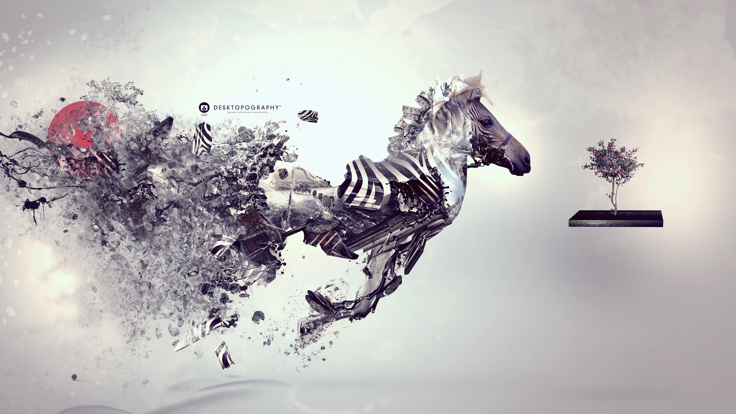 Surreal zebra dissolving into abstract elements with a floating tree HD Wallpaper