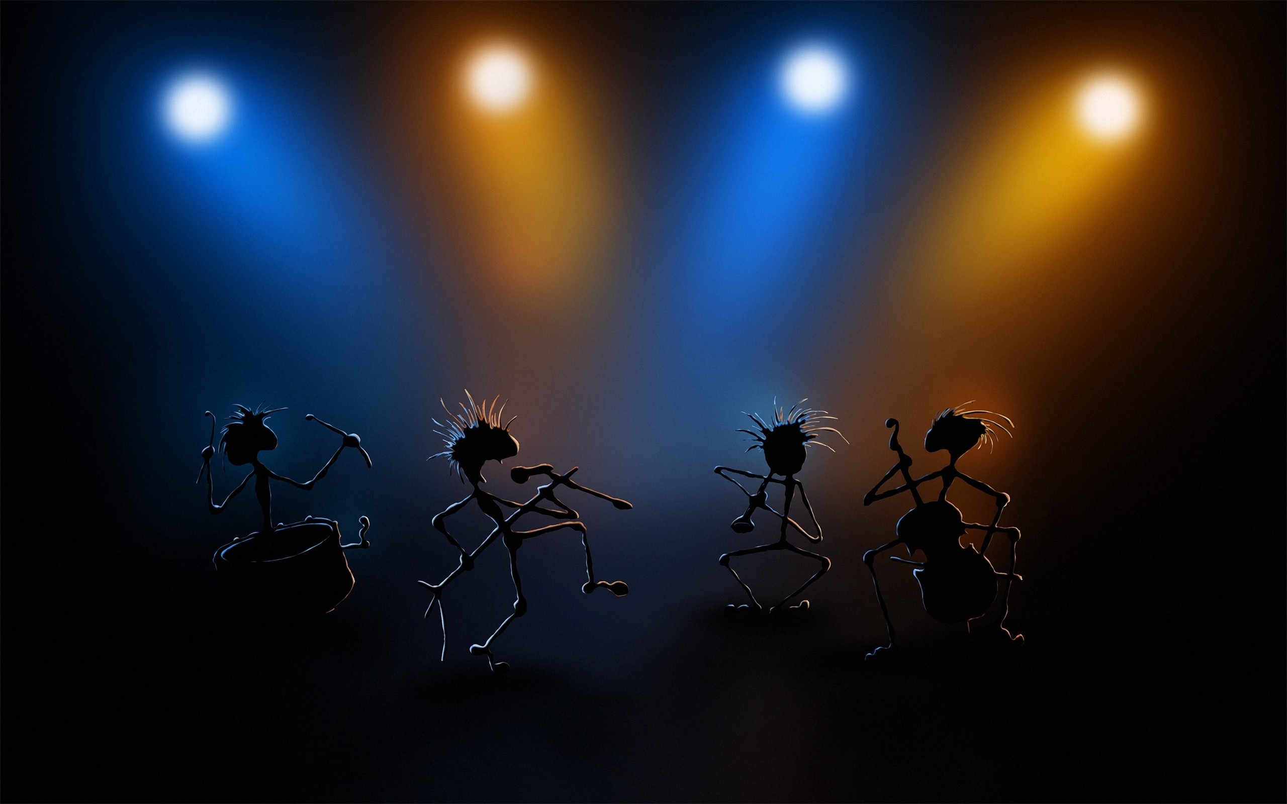 Four stick figures performing on a stage with spotlights HD Wallpaper
