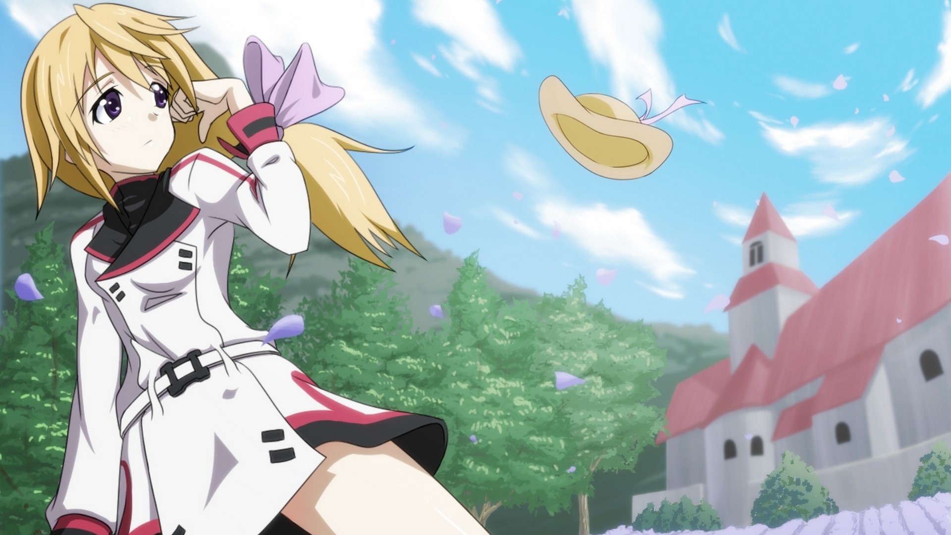 Anime girl with blonde hair and a white uniform in a field HD Wallpaper