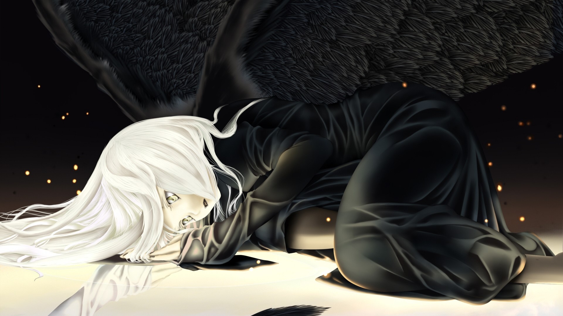 Anime girl with white hair and black wings HD Wallpaper