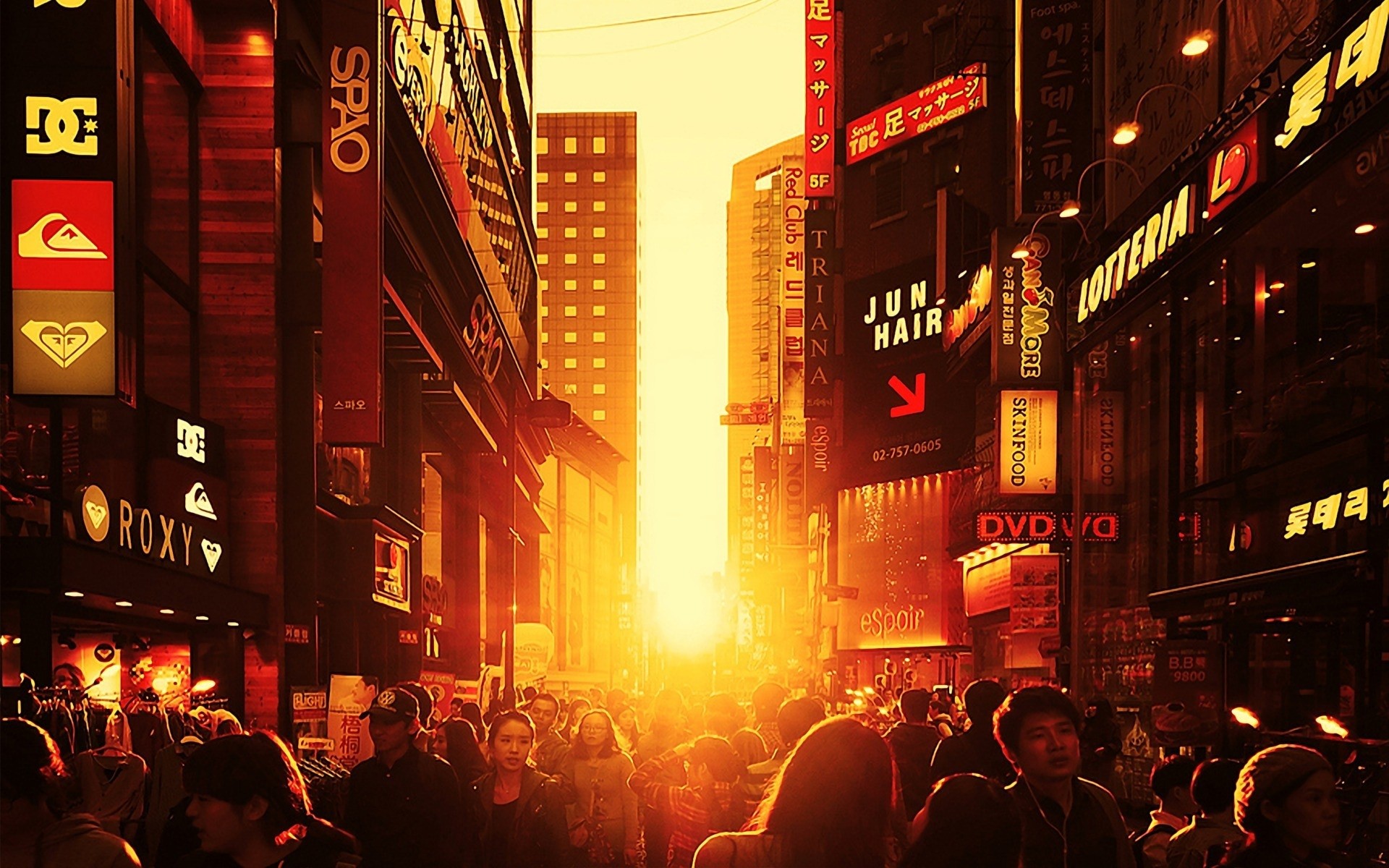 Street scene with people and shops at sunset HD Wallpaper