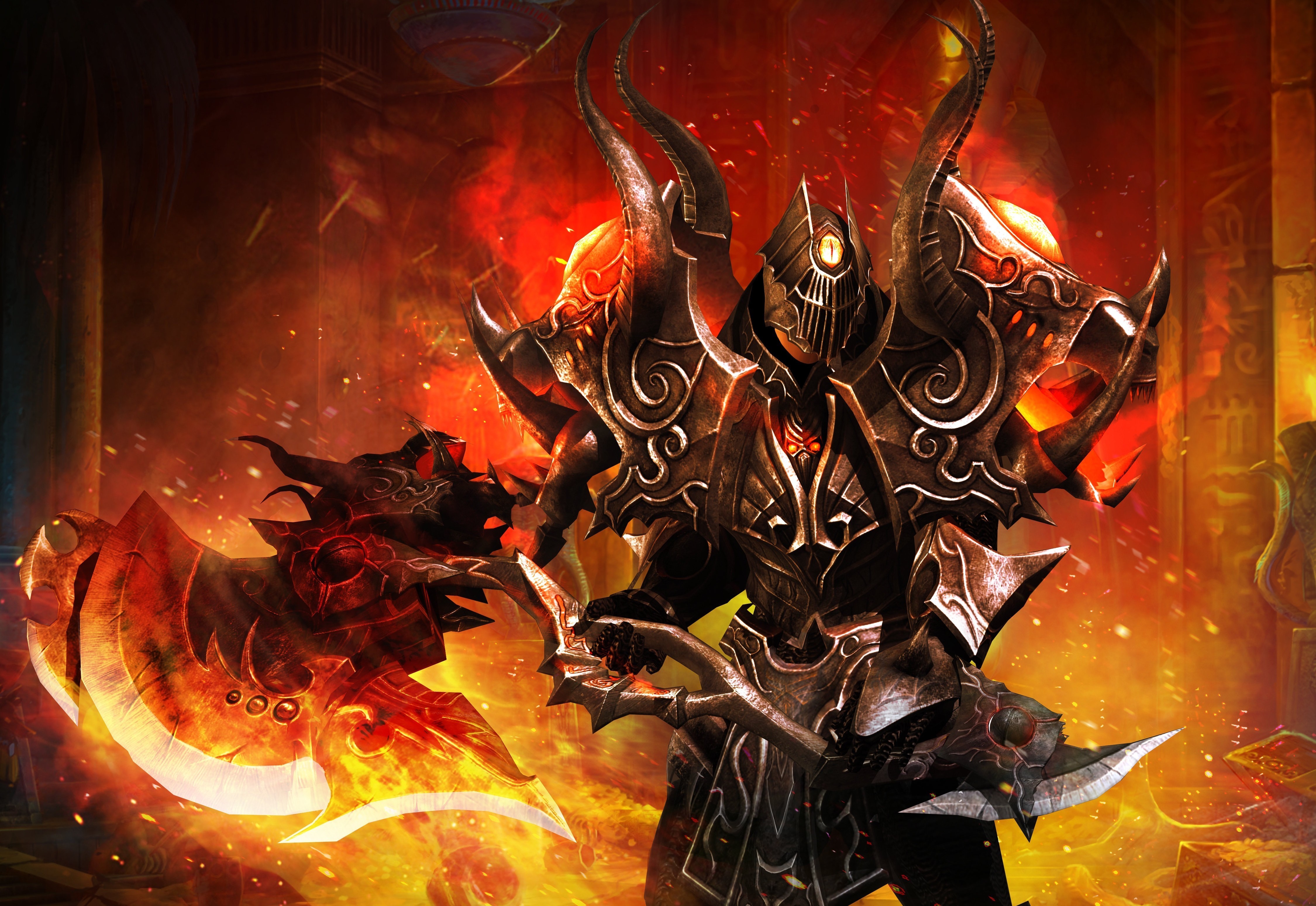 Warrior in fiery armor with a flaming axe HD Wallpaper