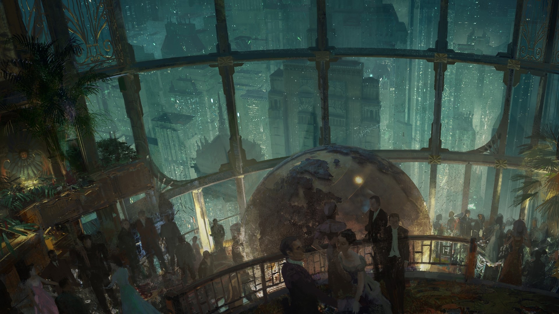 People at a party in a Bioshock-inspired underwater city HD Wallpaper