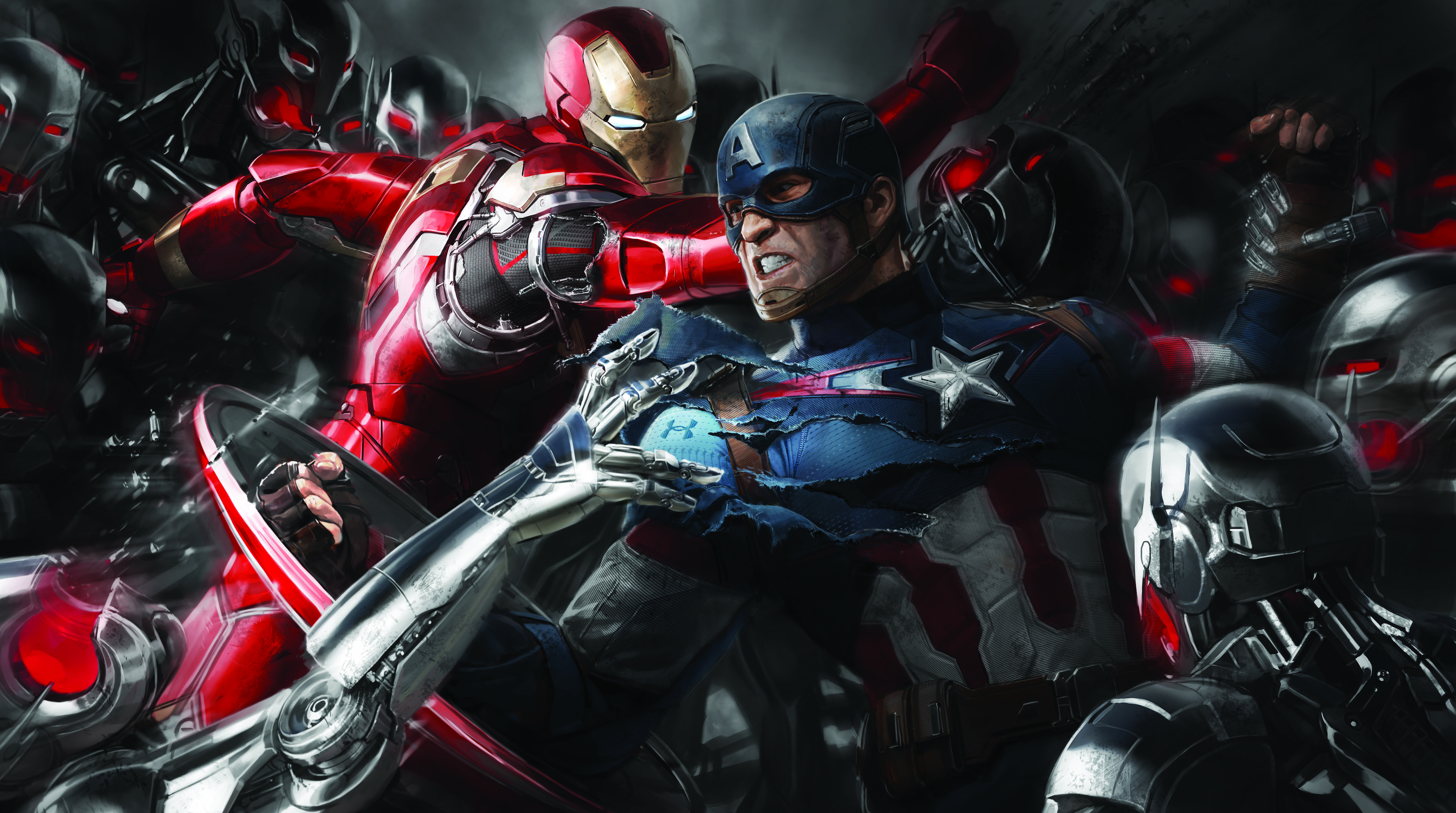 Iron Man and Captain America fighting Ultron bots HD Wallpaper