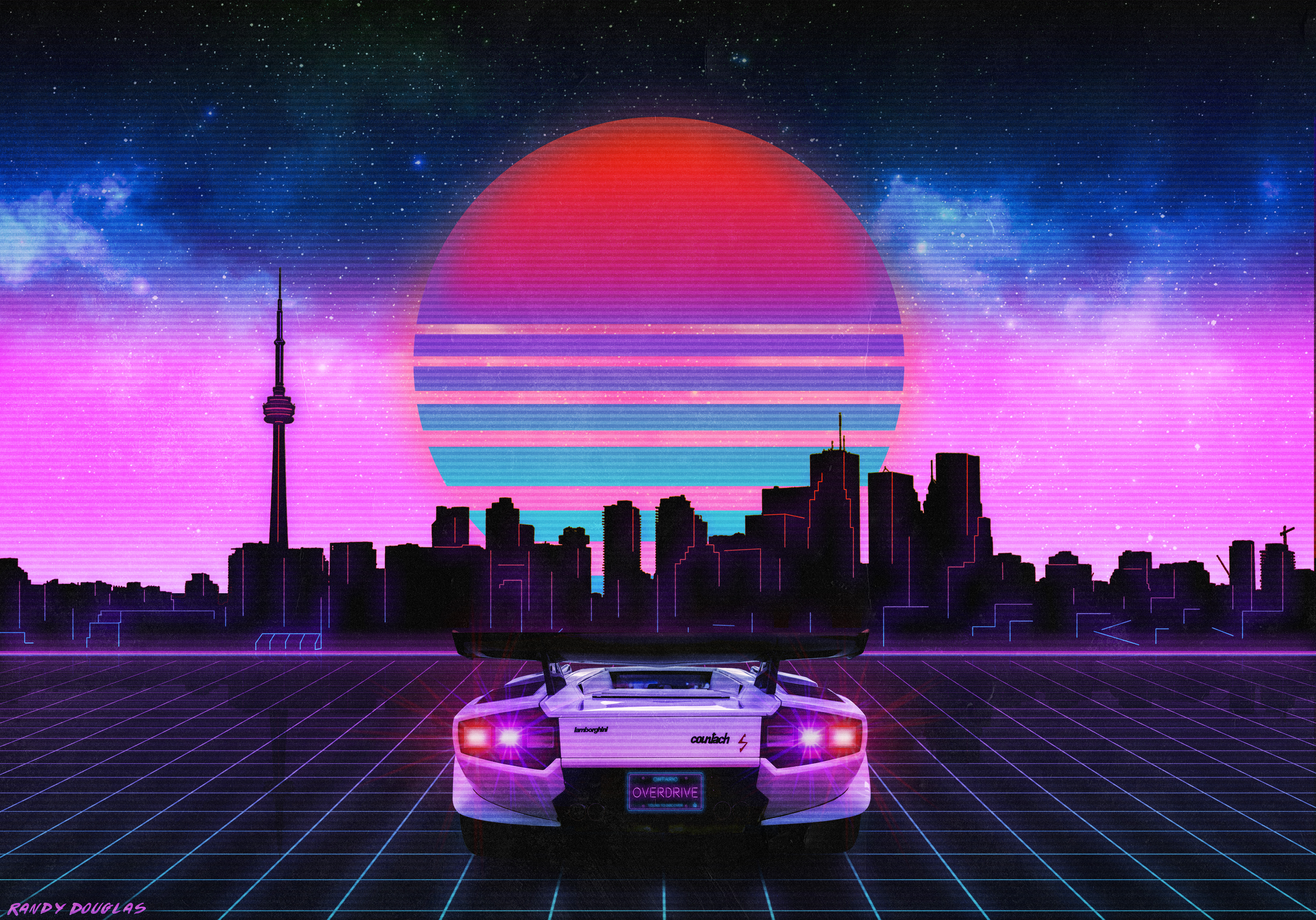 Lamborghini Retrowave Neon Cityscape 4K HD Wallpaper