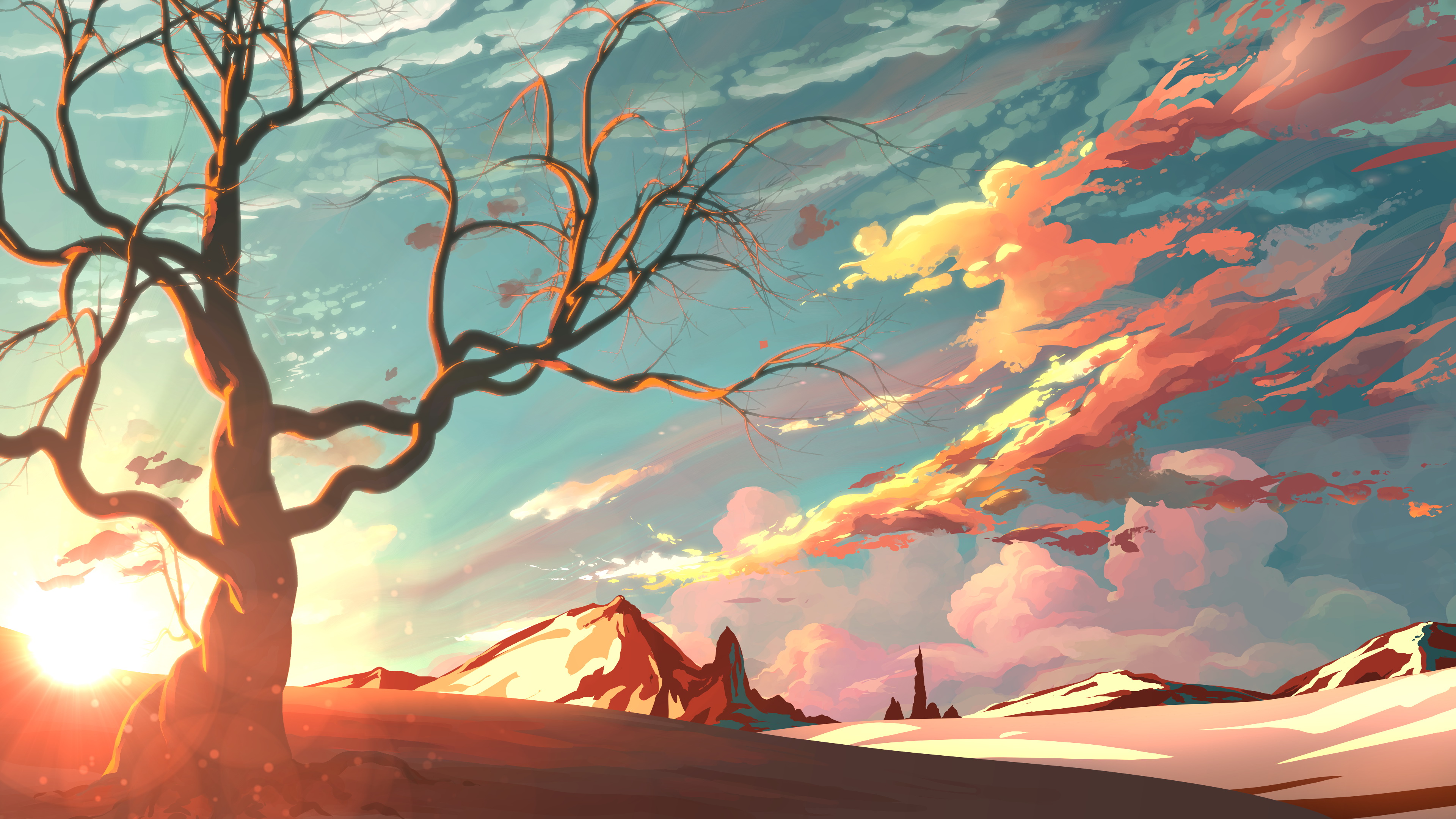 Digital art painting of a barren tree against a sunset sky HD Wallpaper