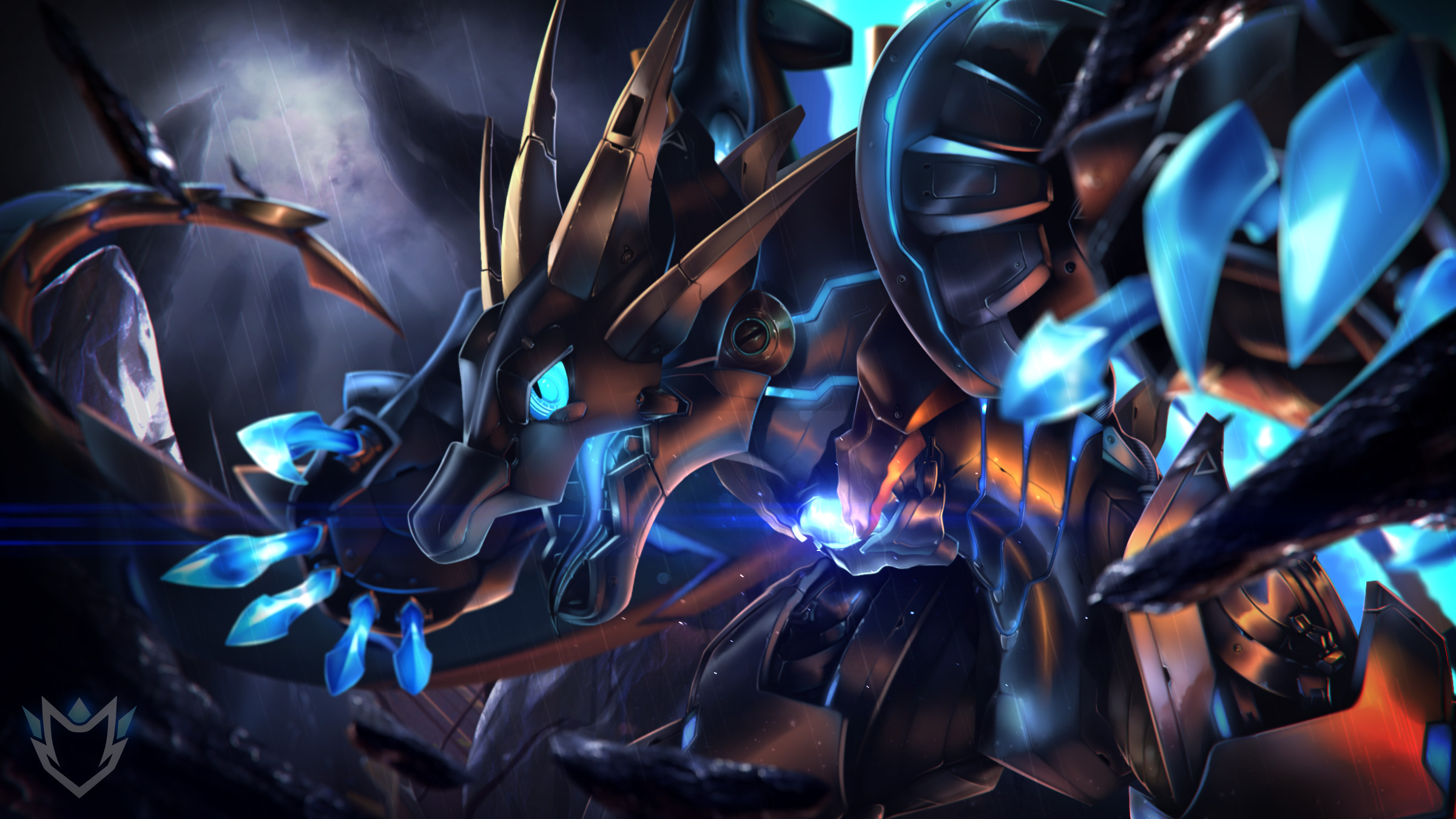 Digital artwork of a mechanical dragon with blue crystals HD Wallpaper