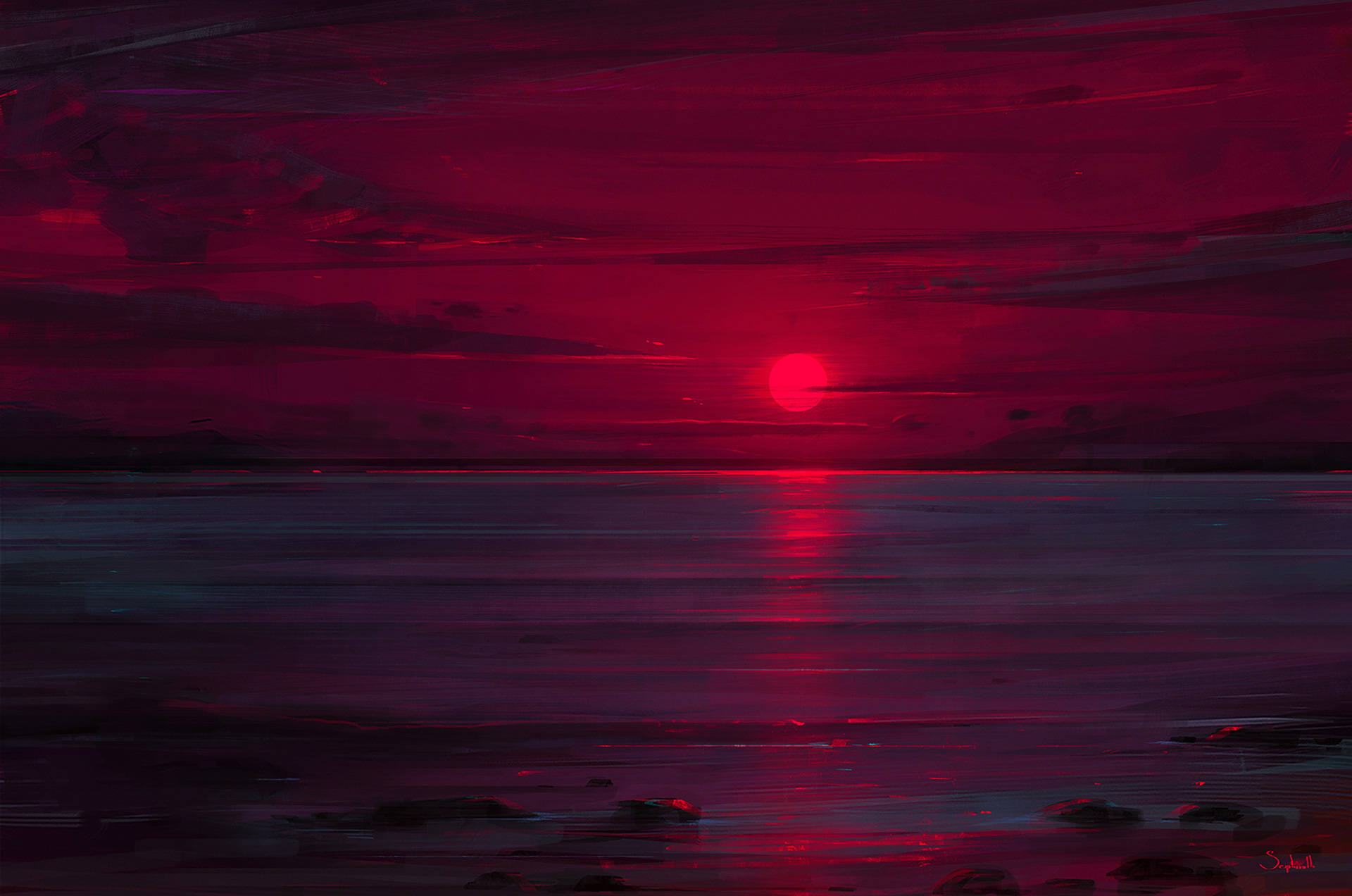 Crimson sunset over the ocean digital art HD Wallpaper