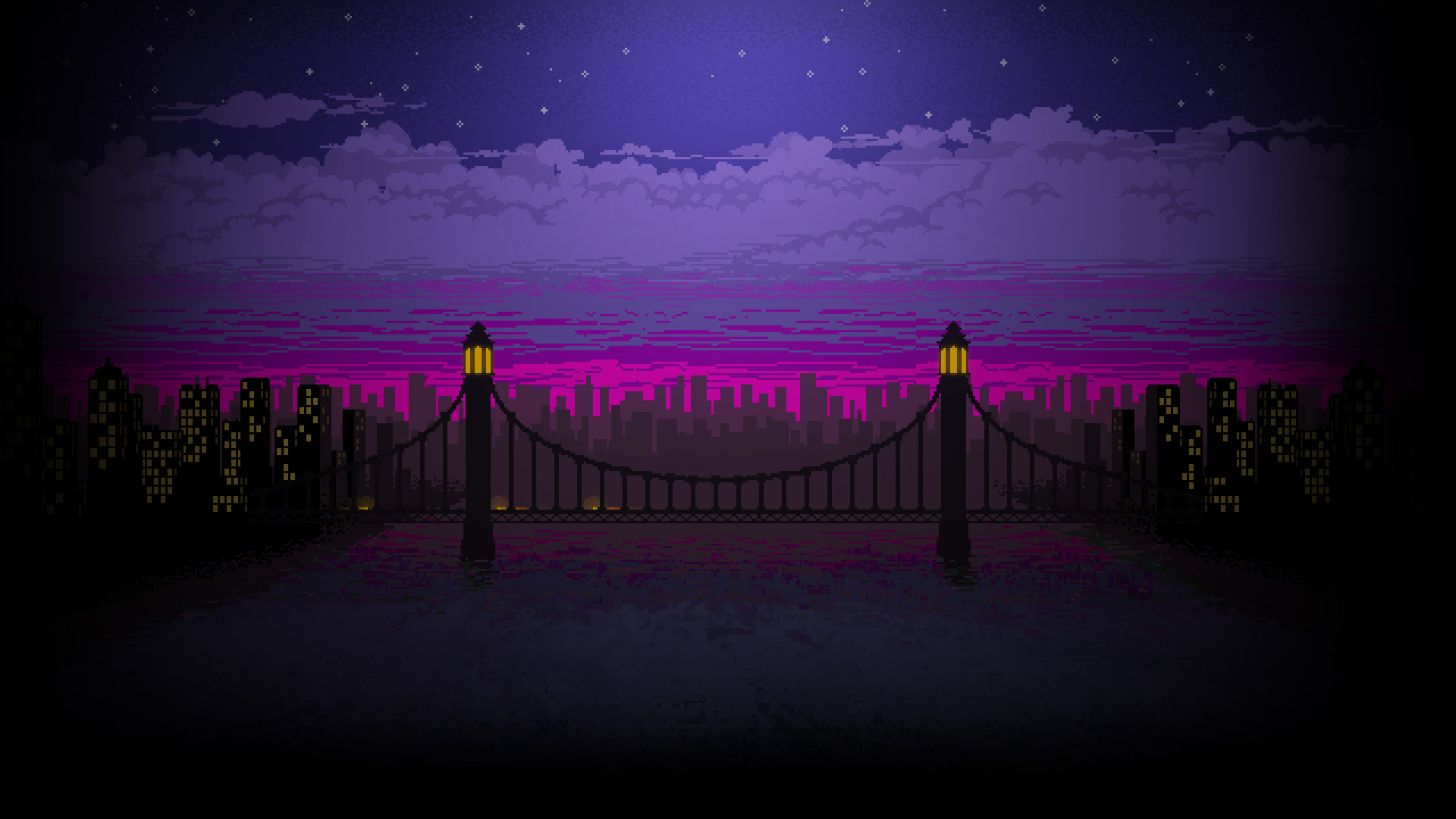 Pixel art cityscape with bridge at night HD Wallpaper