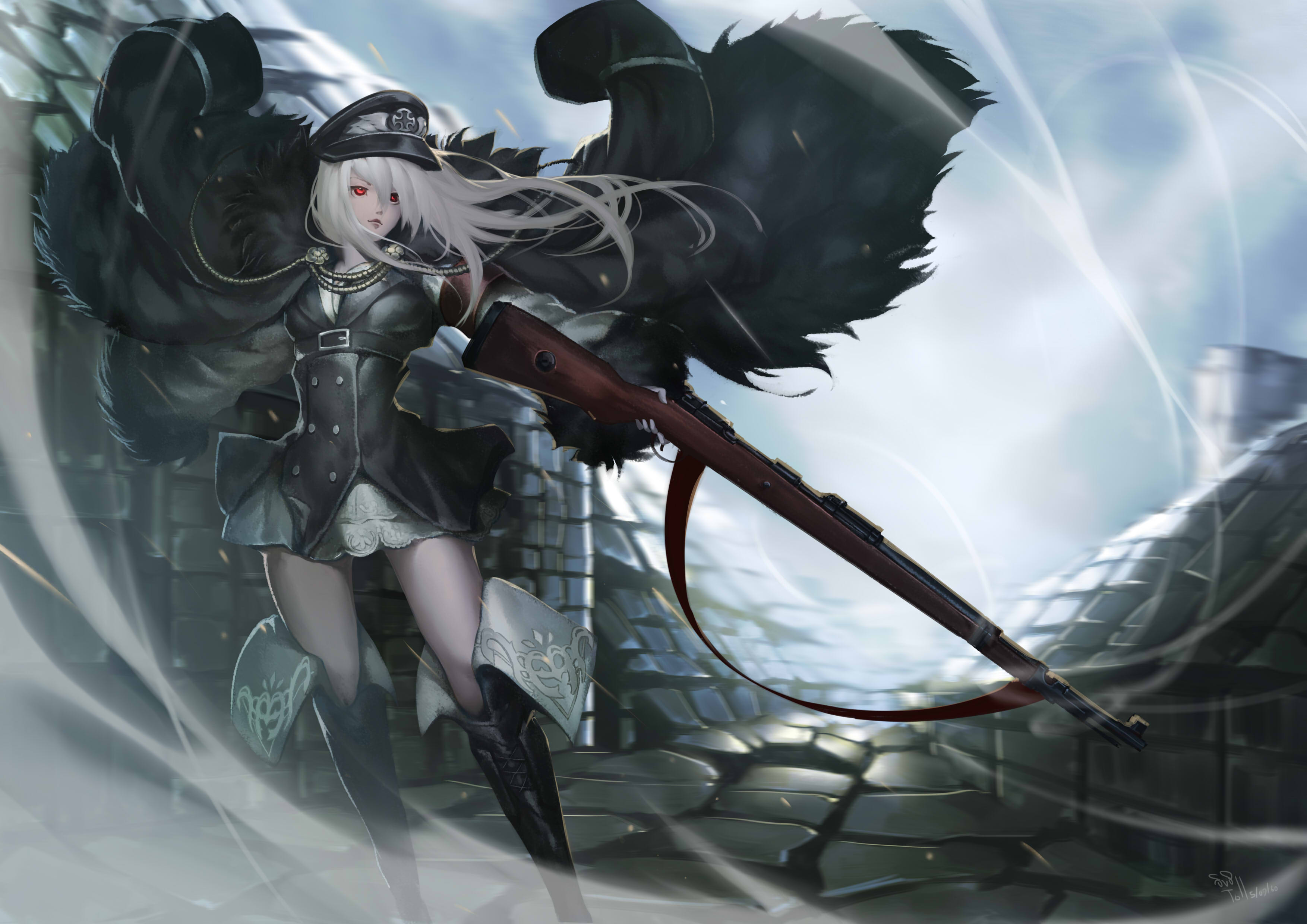 Anime girl with white hair and red eyes holding a rifle HD Wallpaper