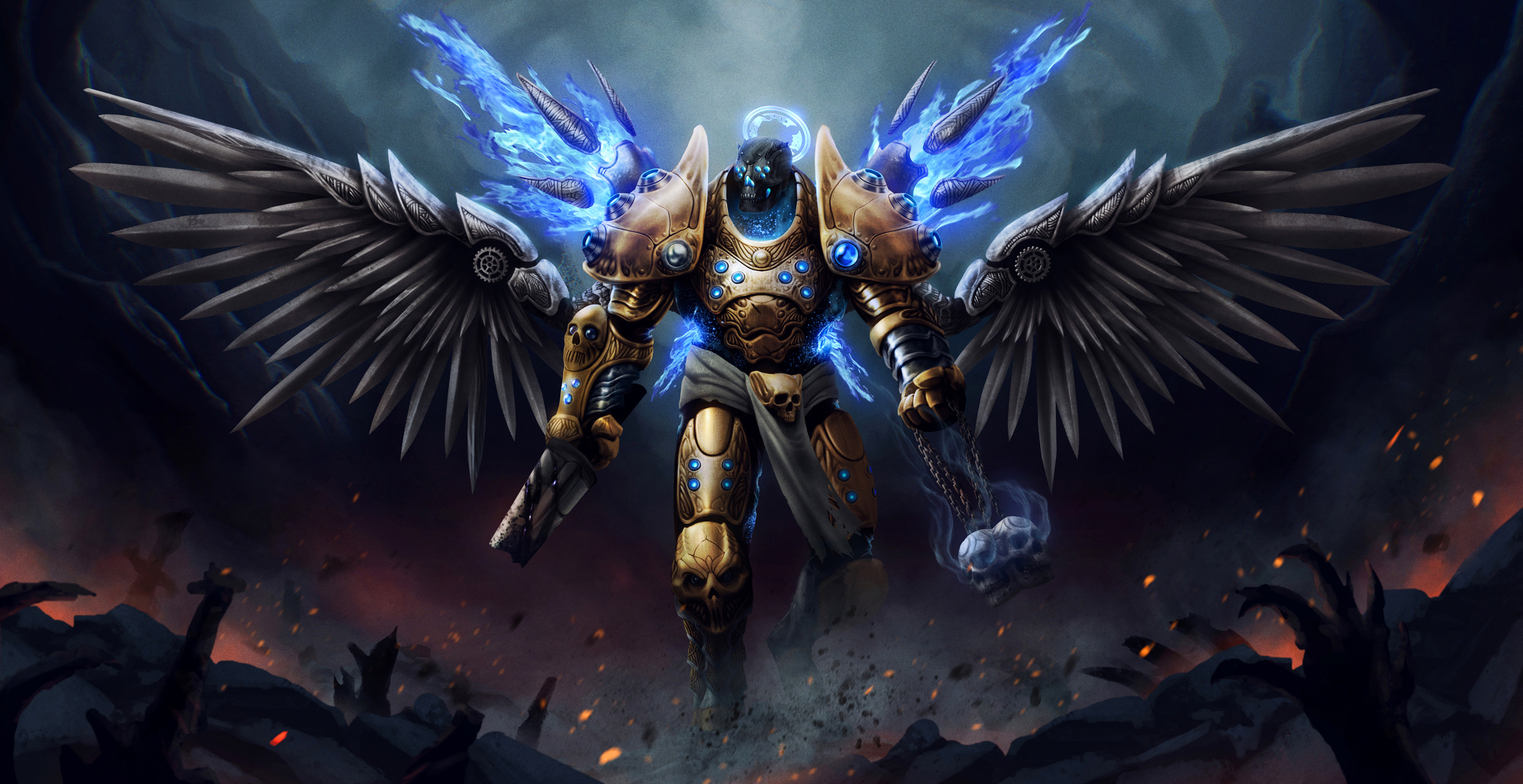 Fantasy warrior with wings and glowing blue energy HD Wallpaper