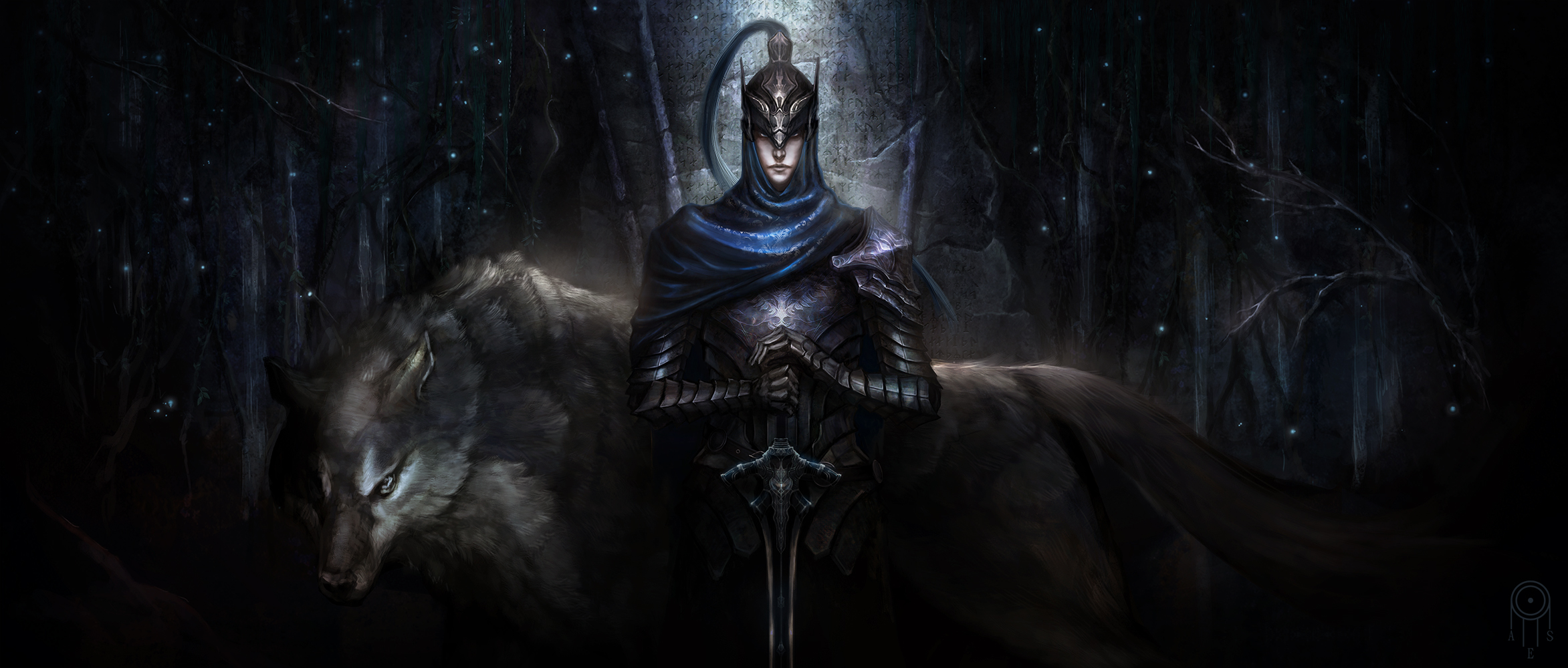 Knight and wolf in a dark forest HD Wallpaper