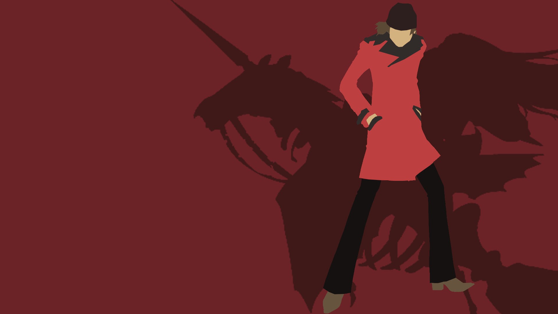 Anime character in red coat with unicorn shadow HD Wallpaper