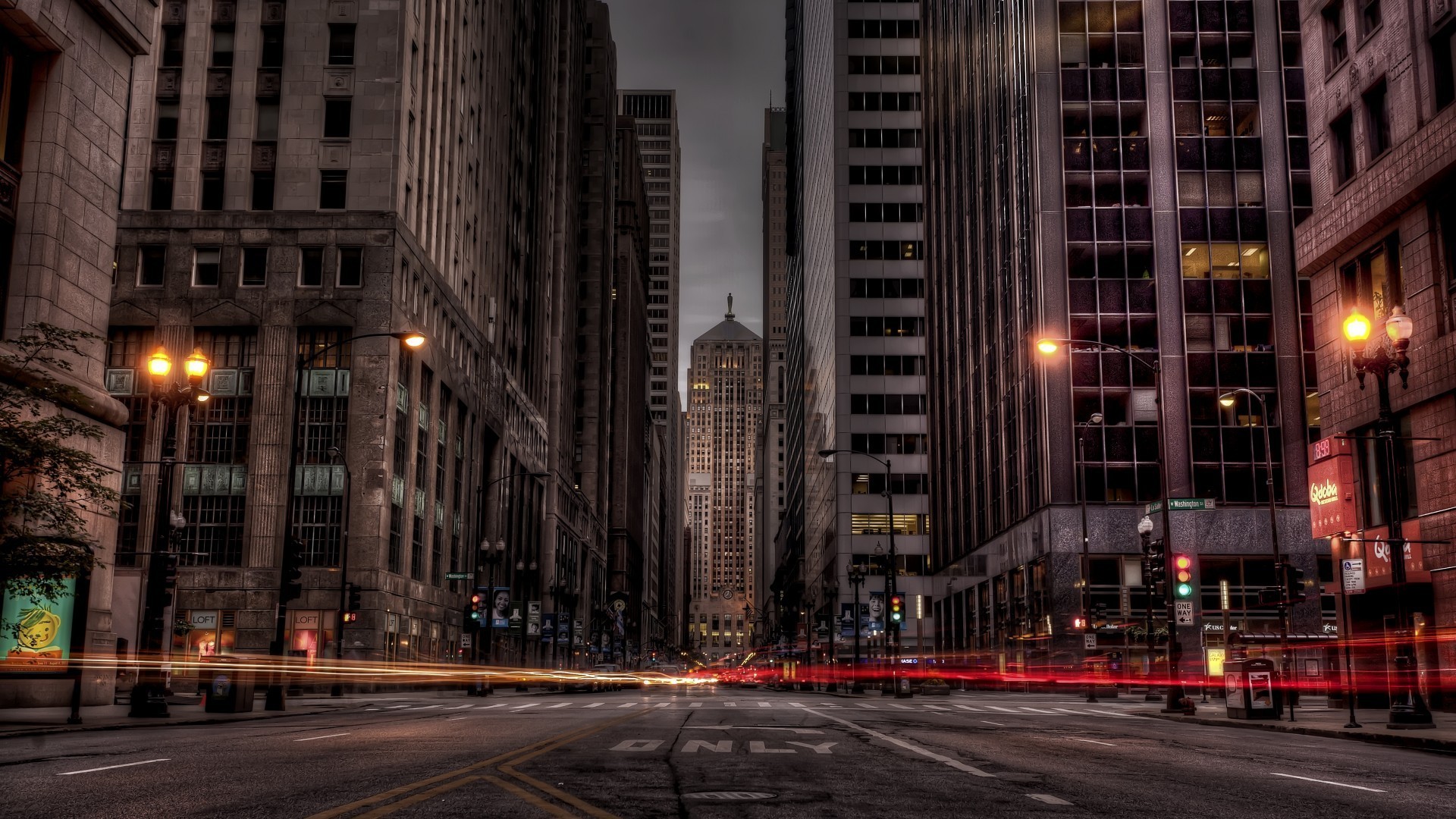 City street at night with light trails HD Wallpaper