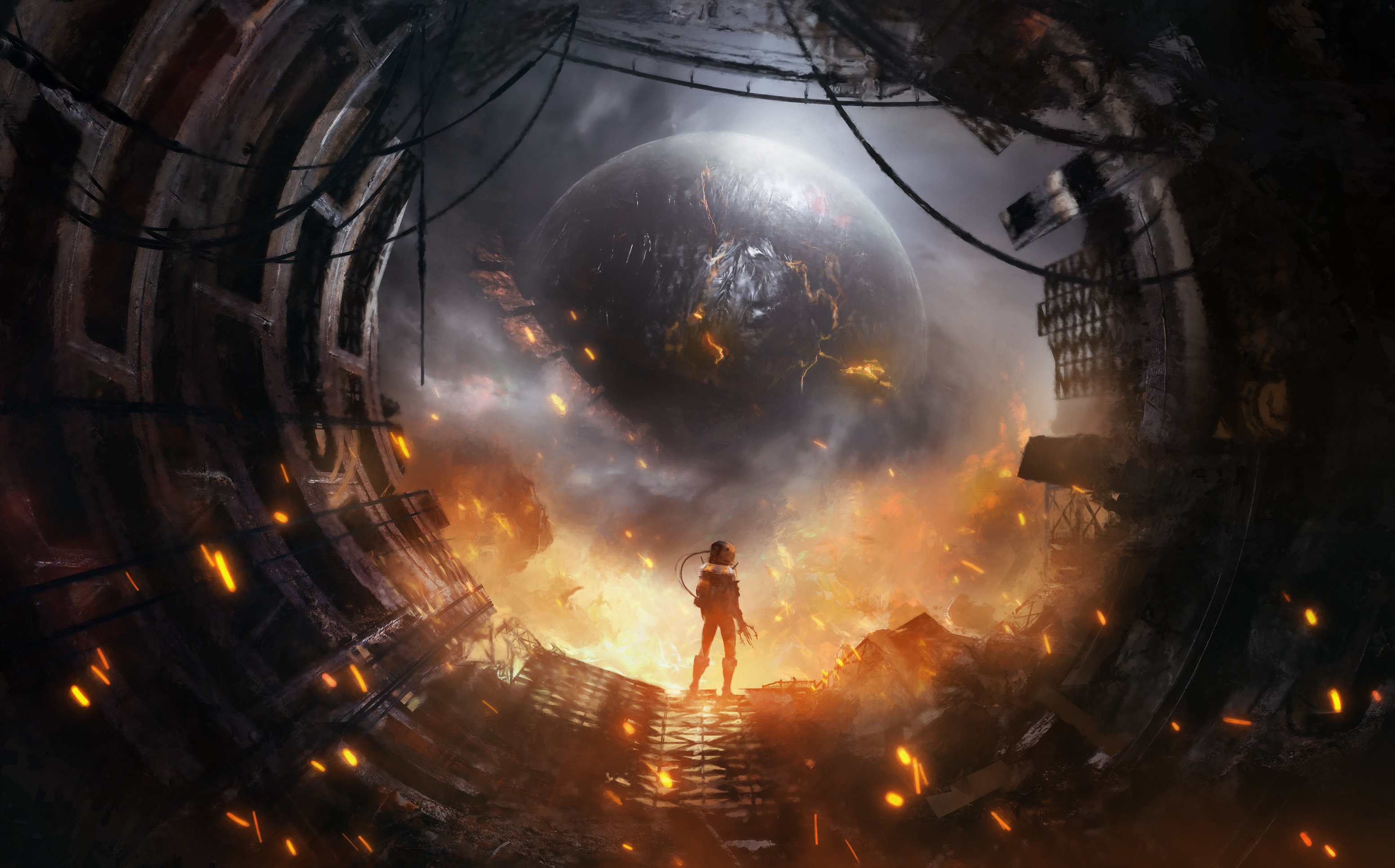 Astronaut in a destroyed sci-fi environment with a planet in the sky HD Wallpaper