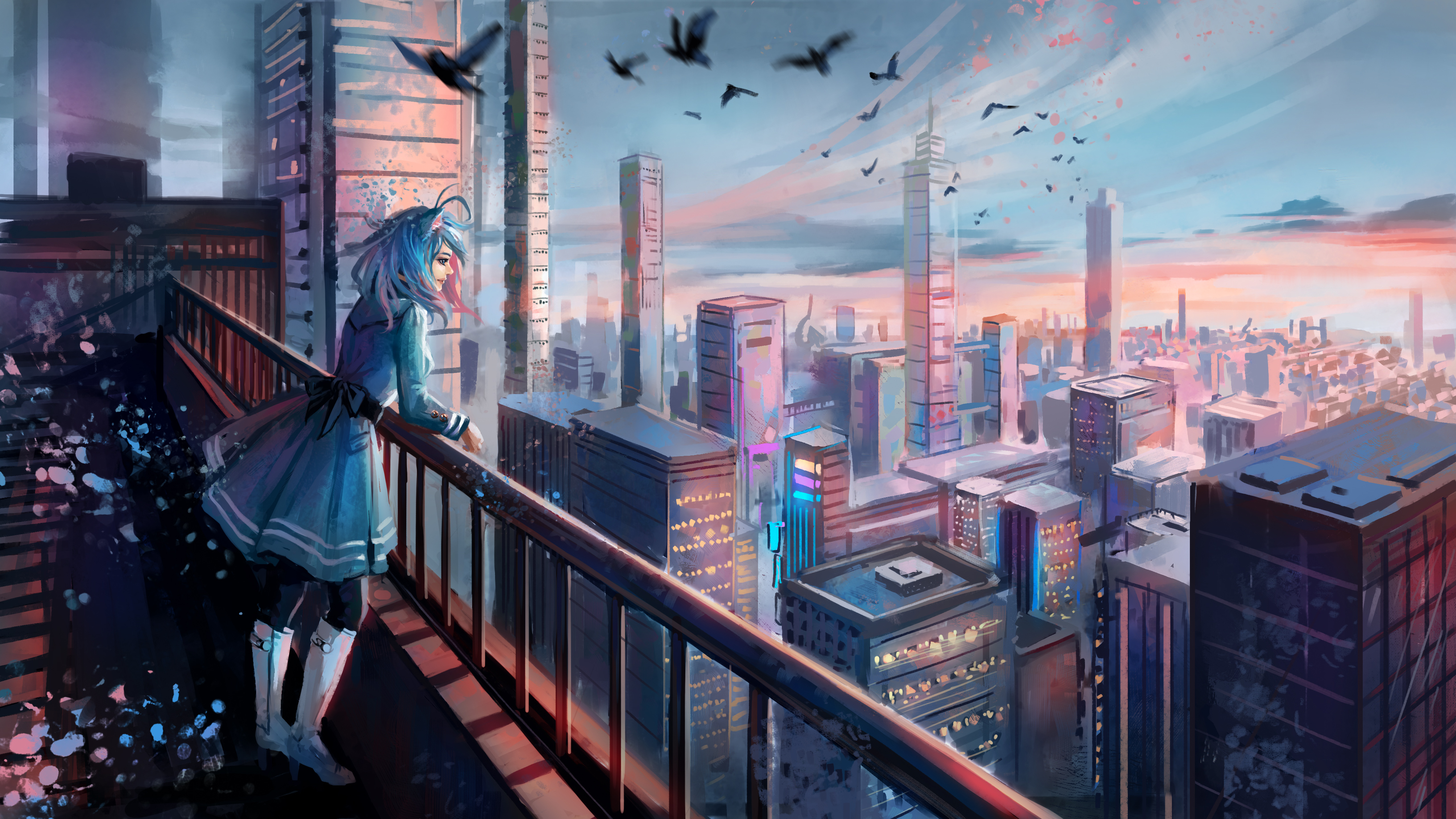 Anime girl overlooking a cityscape at sunset HD Wallpaper