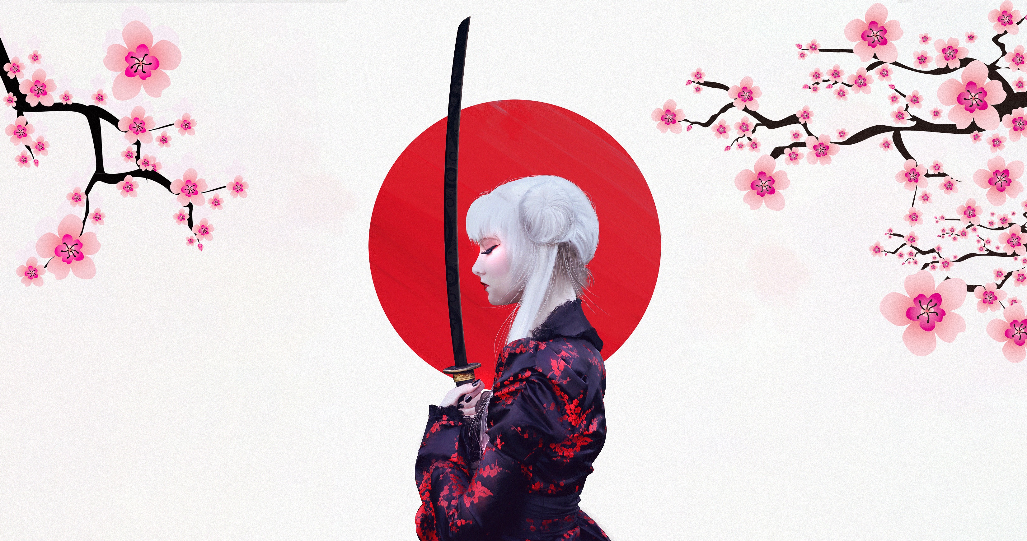 Anime girl with katana in front of Japanese flag HD Wallpaper