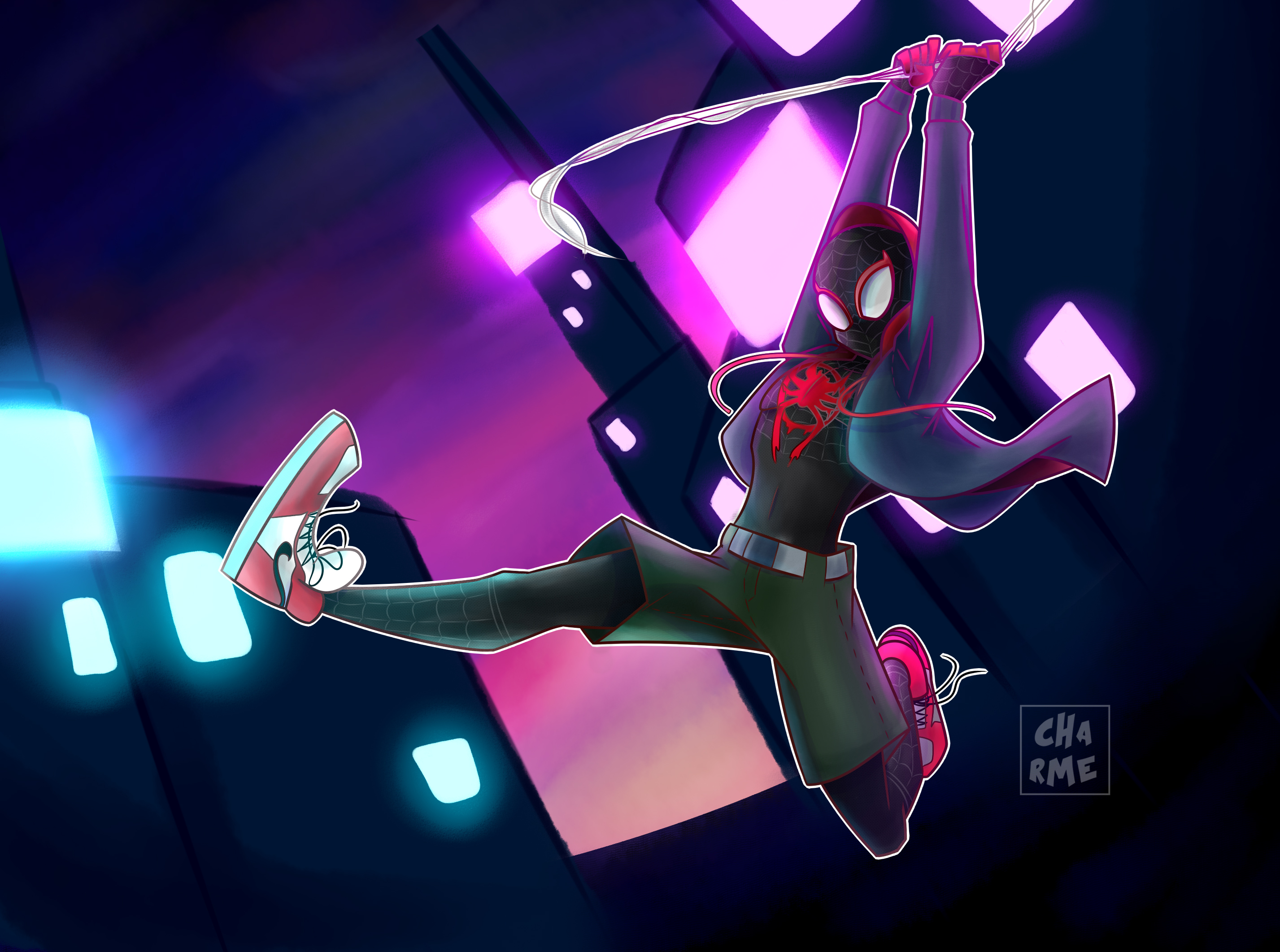 Miles Morales swinging through a neon city HD Wallpaper