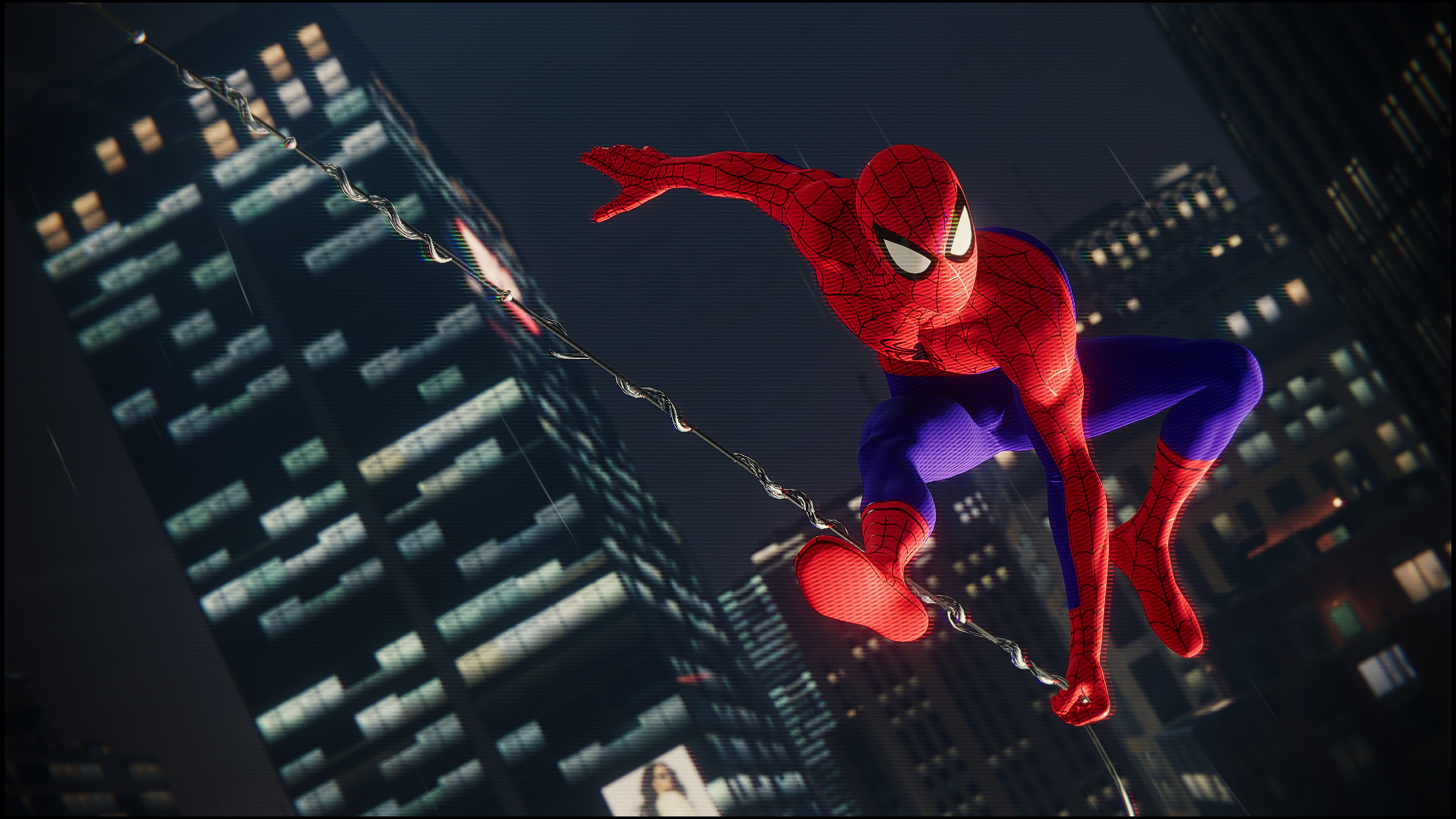 Spider-Man swinging through a city at night HD Wallpaper