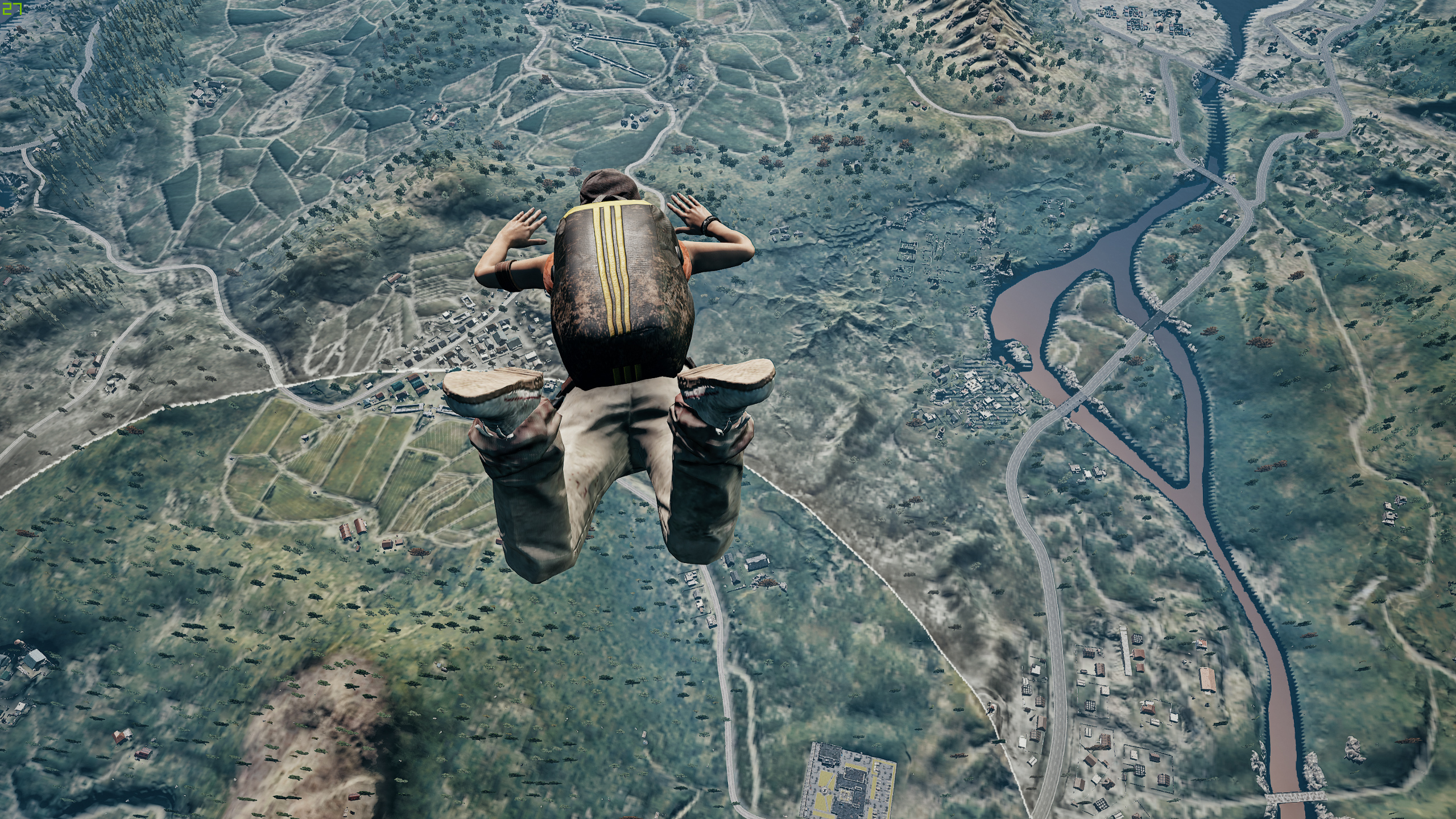 PlayerUnknown's Battlegrounds character parachuting over a map HD Wallpaper