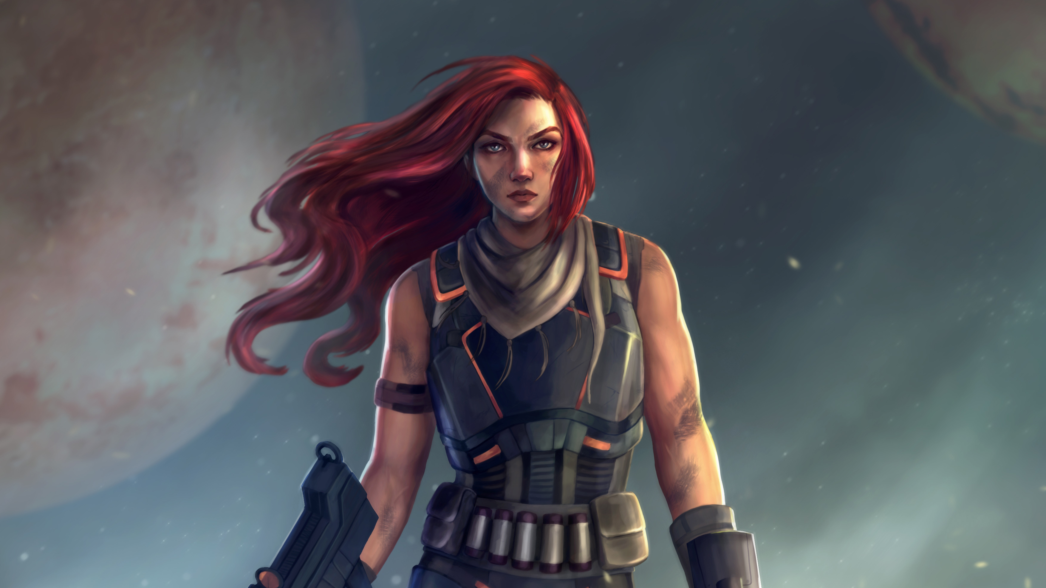 Warrior woman with red hair and gun HD Wallpaper