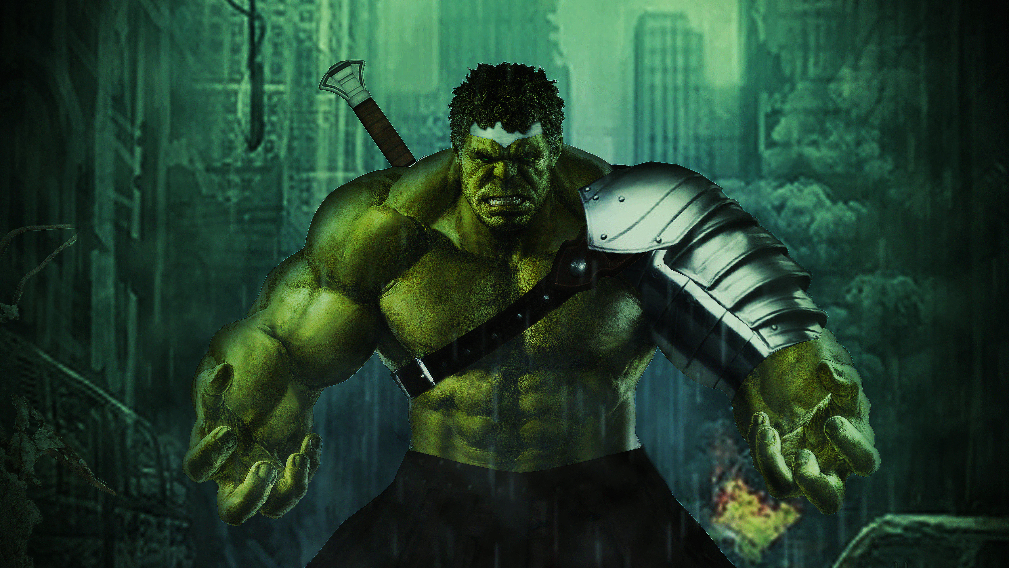 Hulk with sword and armor in a ruined city HD Wallpaper
