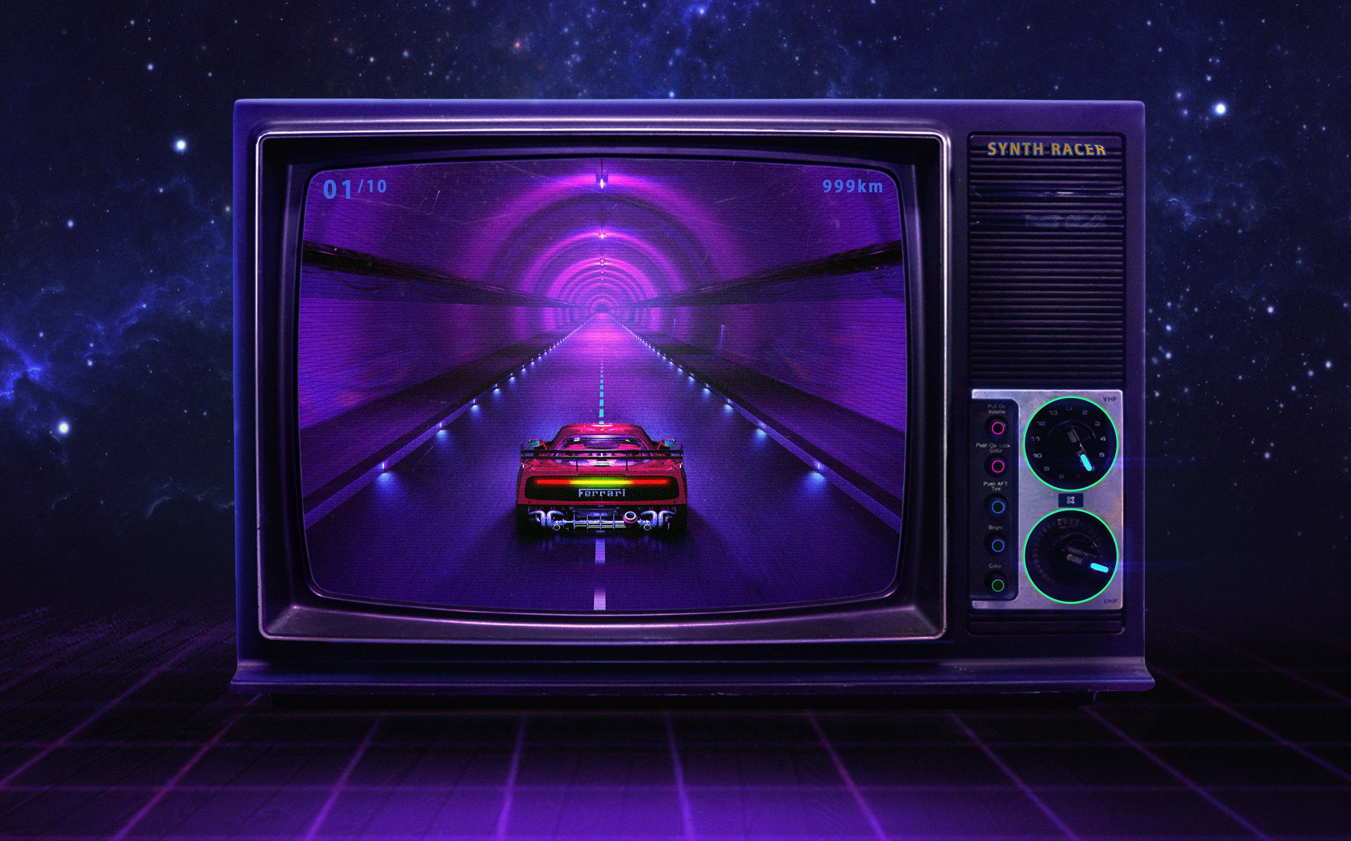 Synthwave Ferrari Racing Through Neon Tunnel on Vintage TV HD Wallpaper