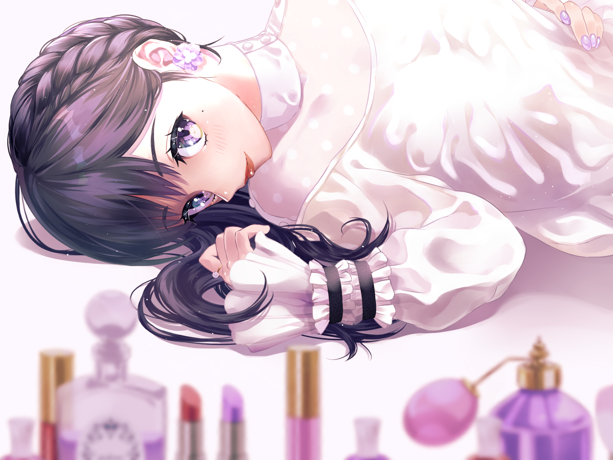Anime girl with black hair and purple eyes lying down HD Wallpaper