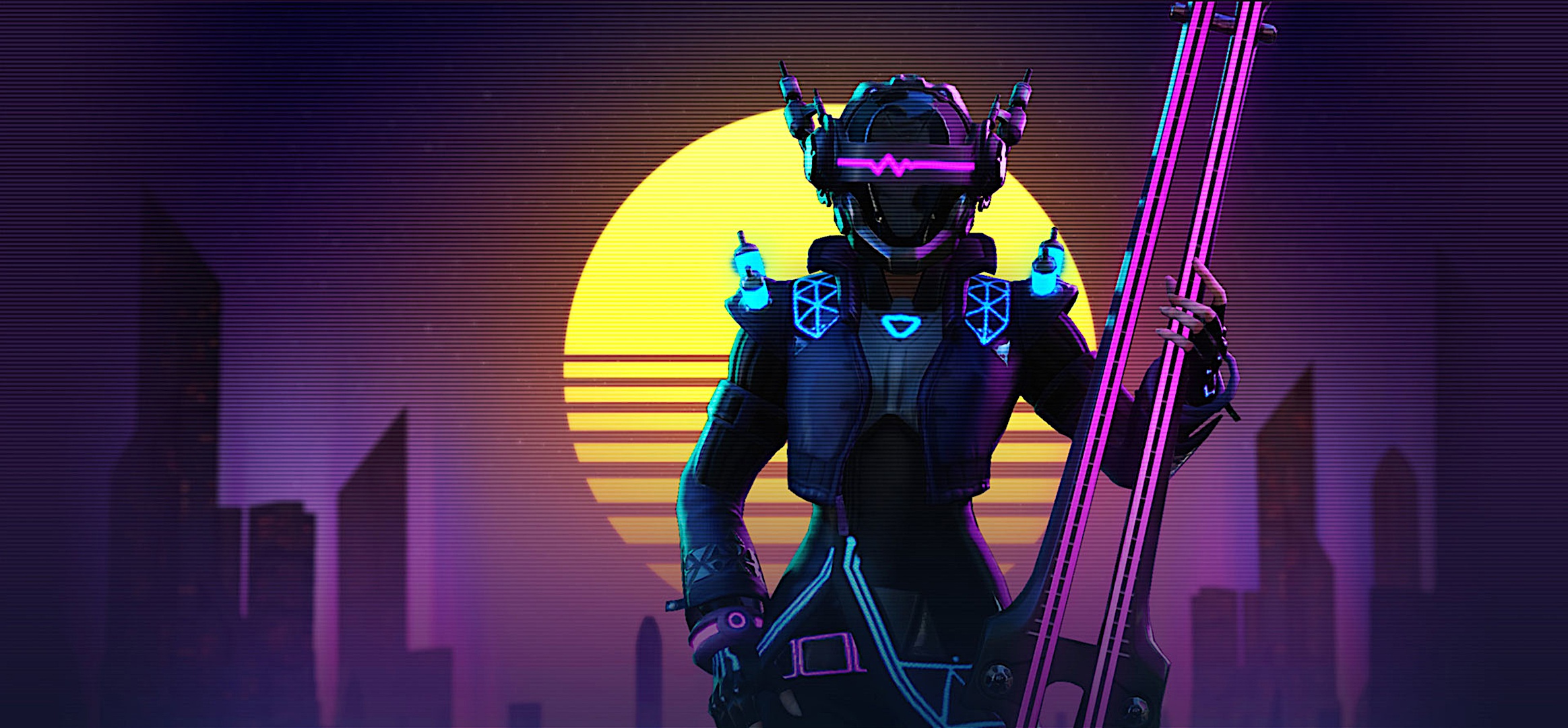 Cyberpunk character with a futuristic bass guitar HD Wallpaper