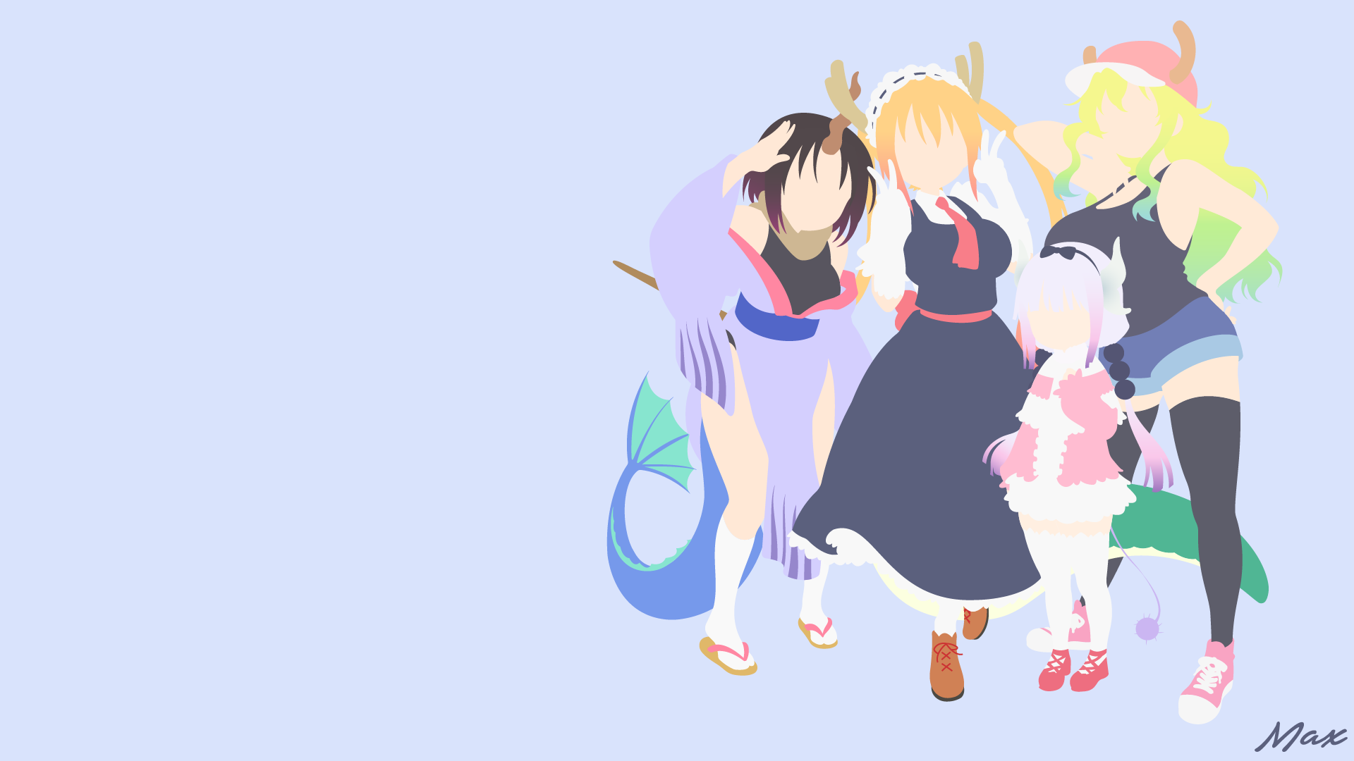 Miss Kobayashi's Dragon Maid characters on a light blue background HD Wallpaper