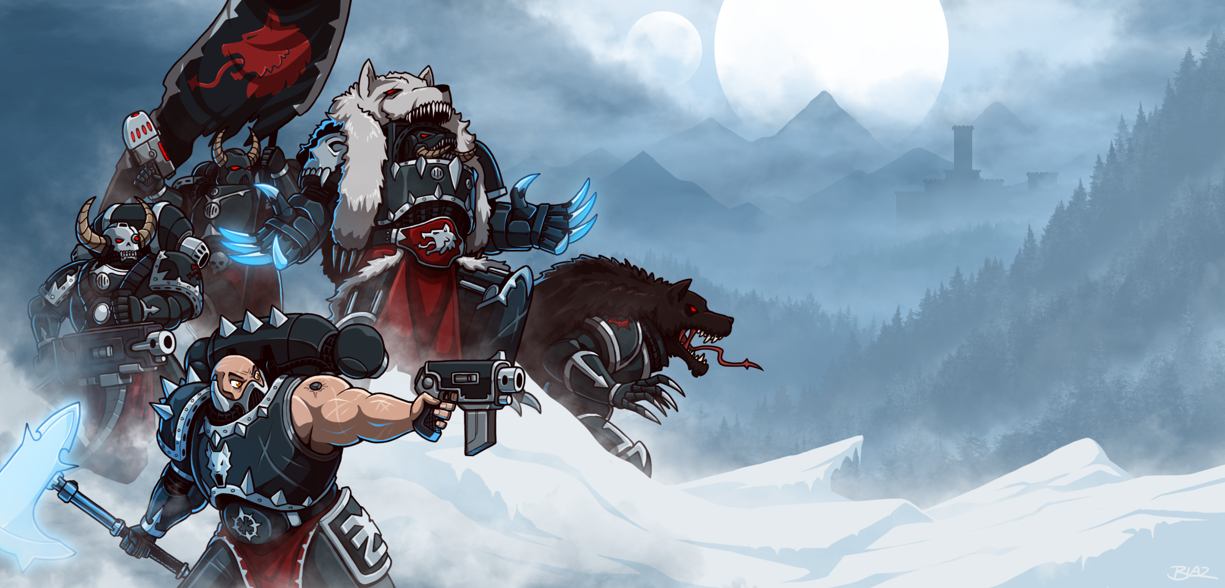 Warhammer Space Marines and wolf in snowy mountains HD Wallpaper