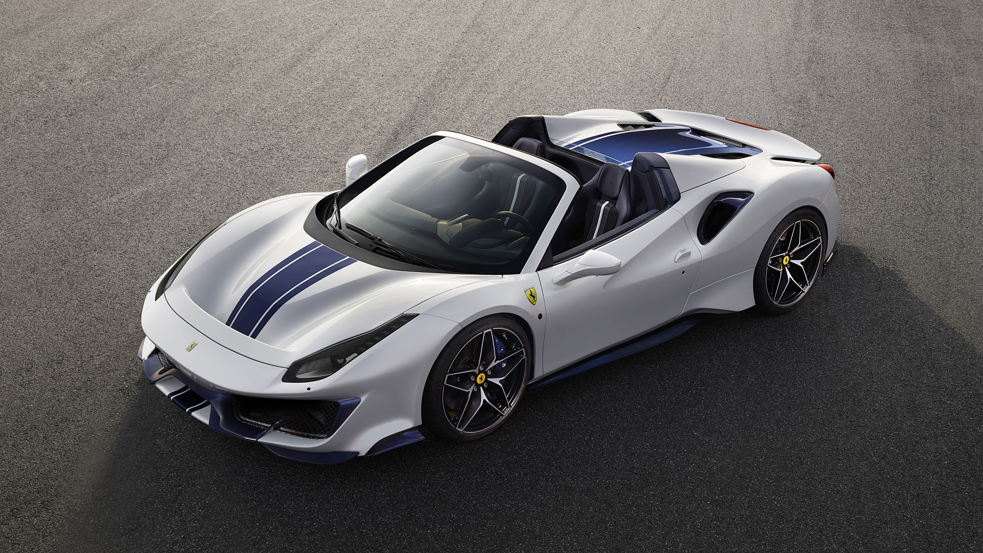 White Ferrari 488 Pista Spider with Blue Stripes HD Wallpaper