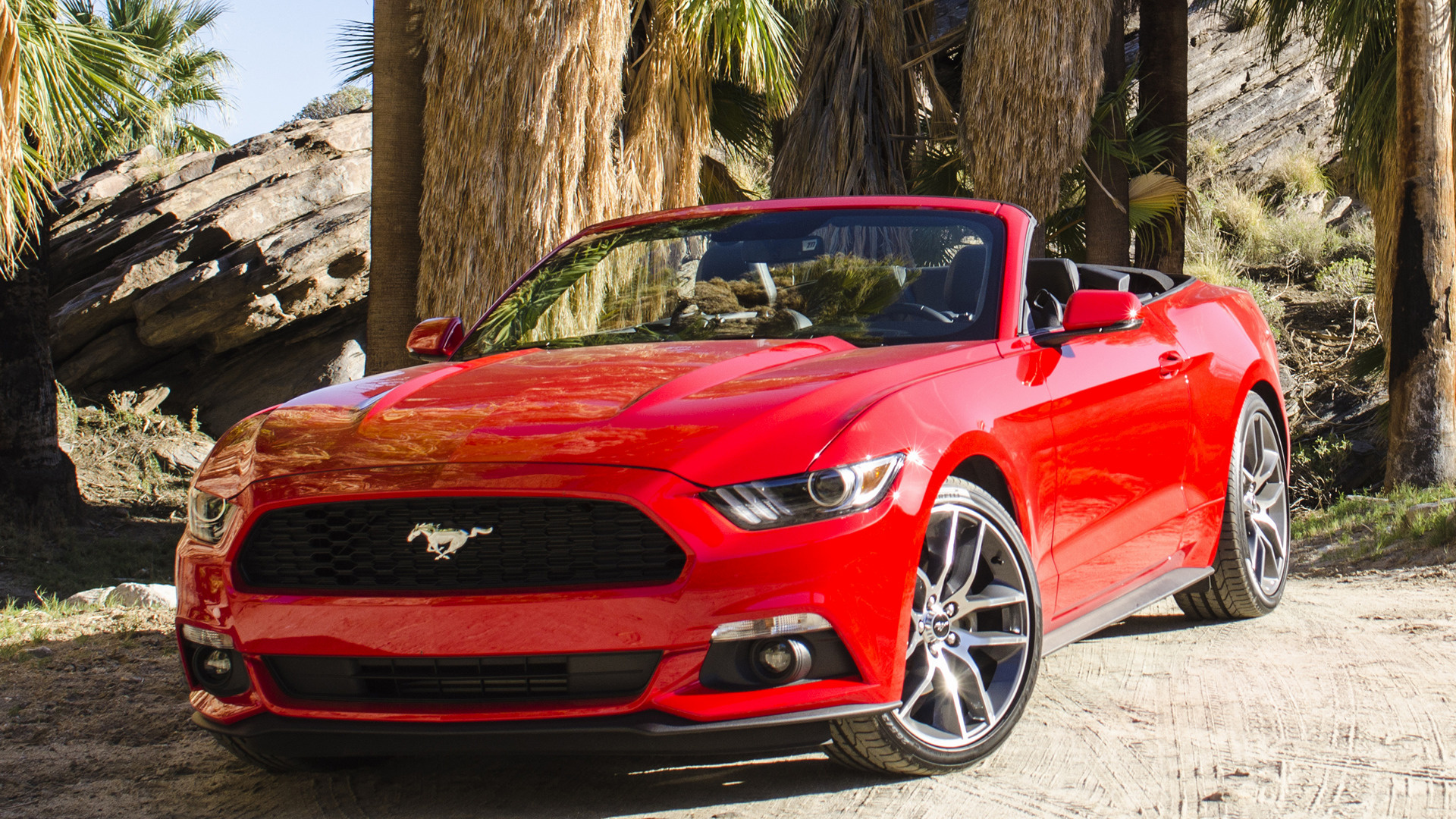 Red Ford Mustang Convertible in Desert Landscape HD Wallpaper