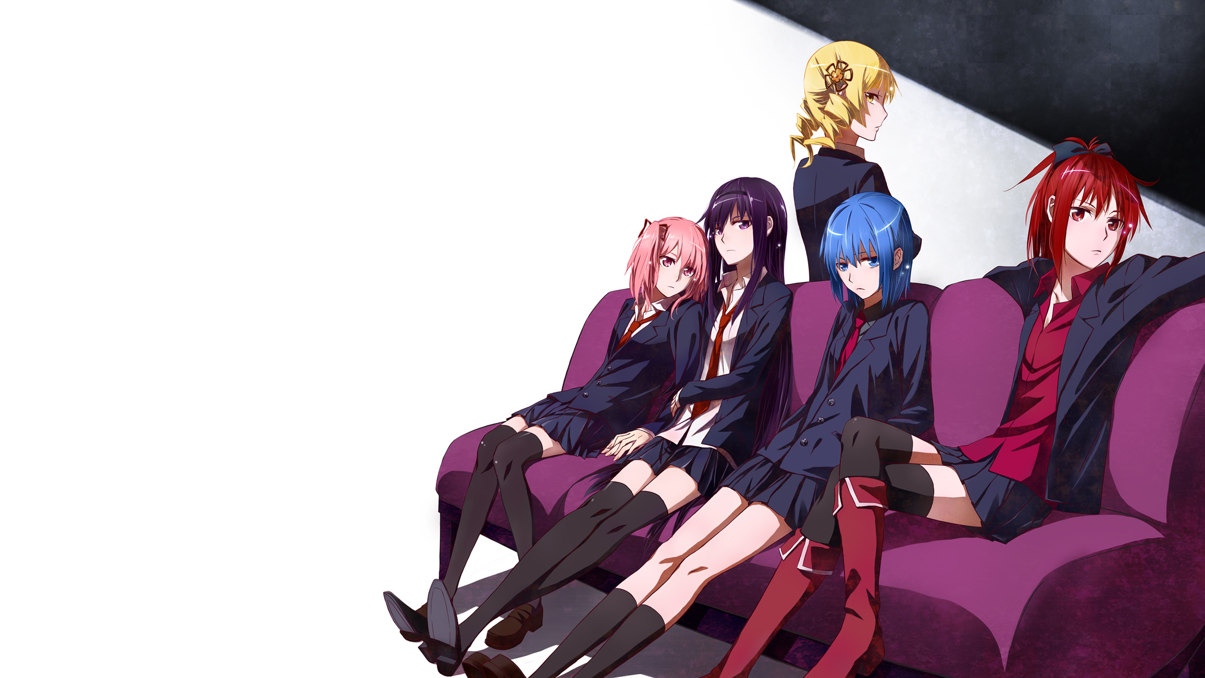 Anime girls in school uniforms sitting on a couch HD Wallpaper