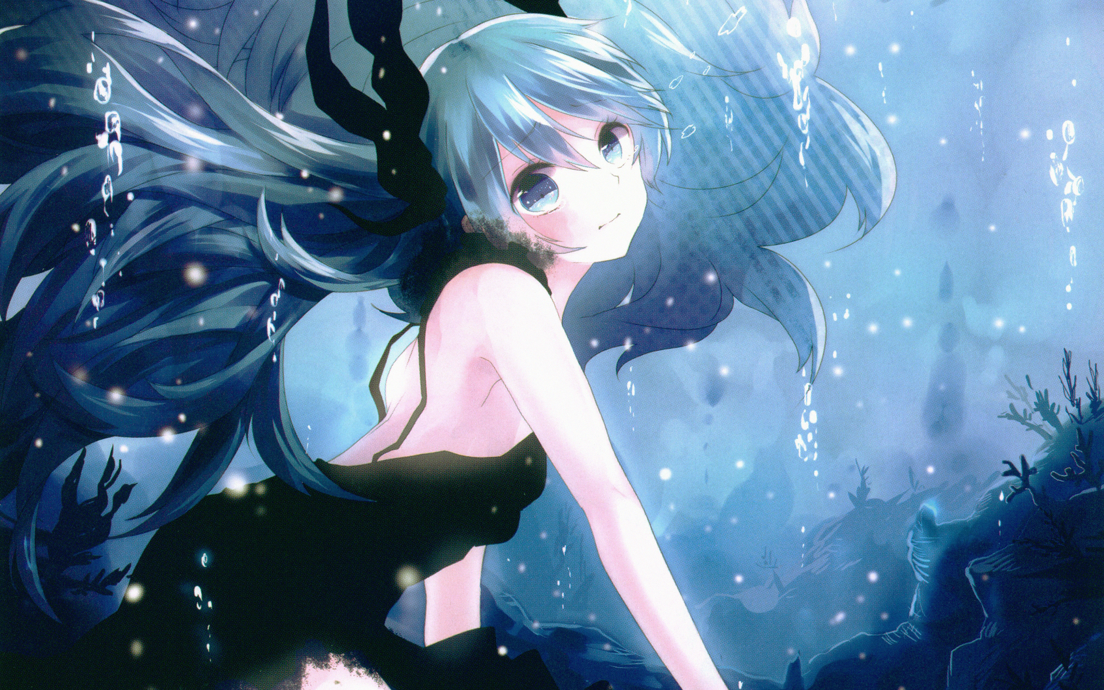 Hatsune Miku underwater with long blue hair HD Wallpaper