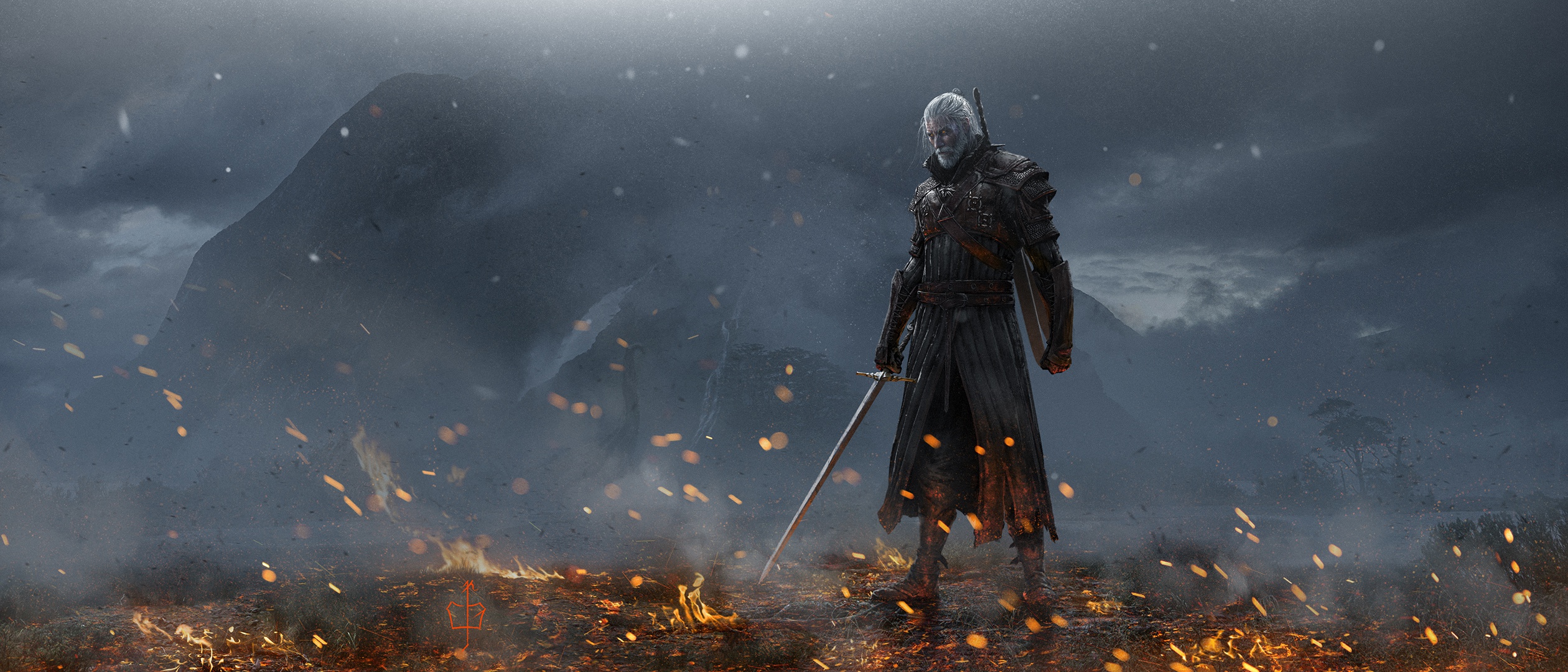 Geralt of Rivia from The Witcher 3 with sword and fire HD Wallpaper