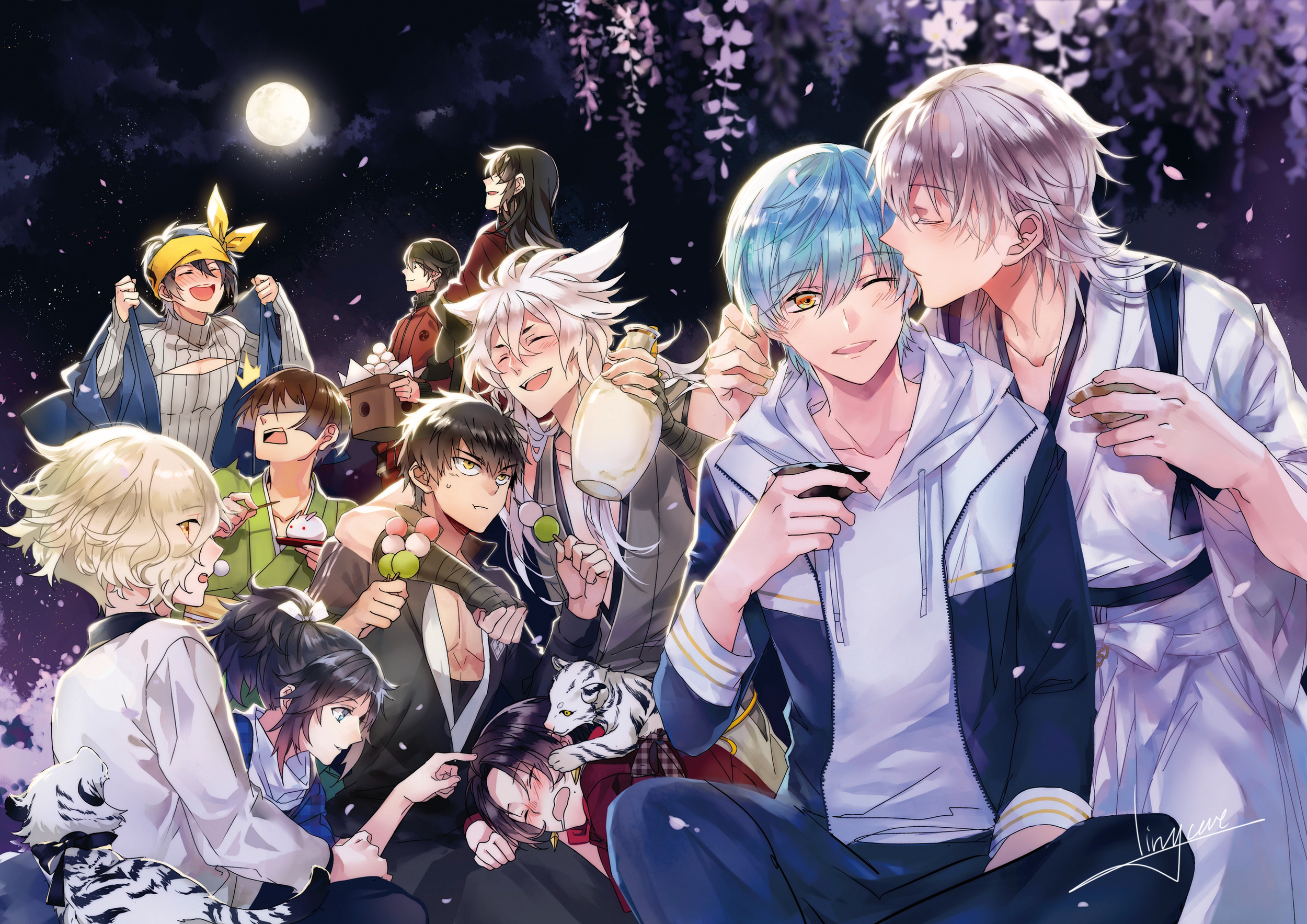 Touken Ranbu characters celebrating under the moon HD Wallpaper