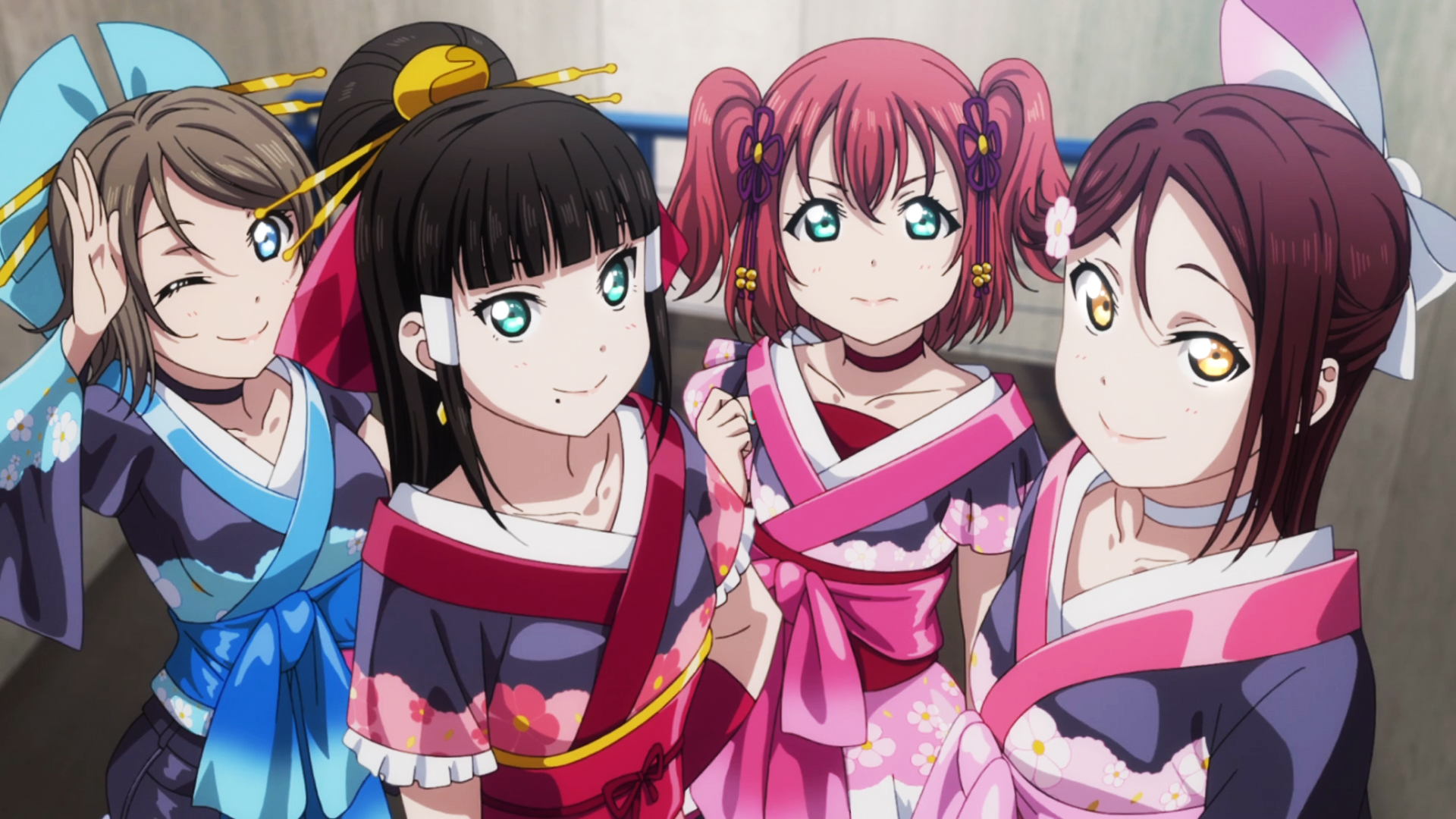 You Watanabe, Riko Sakurauchi, Ruby Kurosawa, Dia Kurosawa from Love Live! Sunshine!! HD Wallpaper