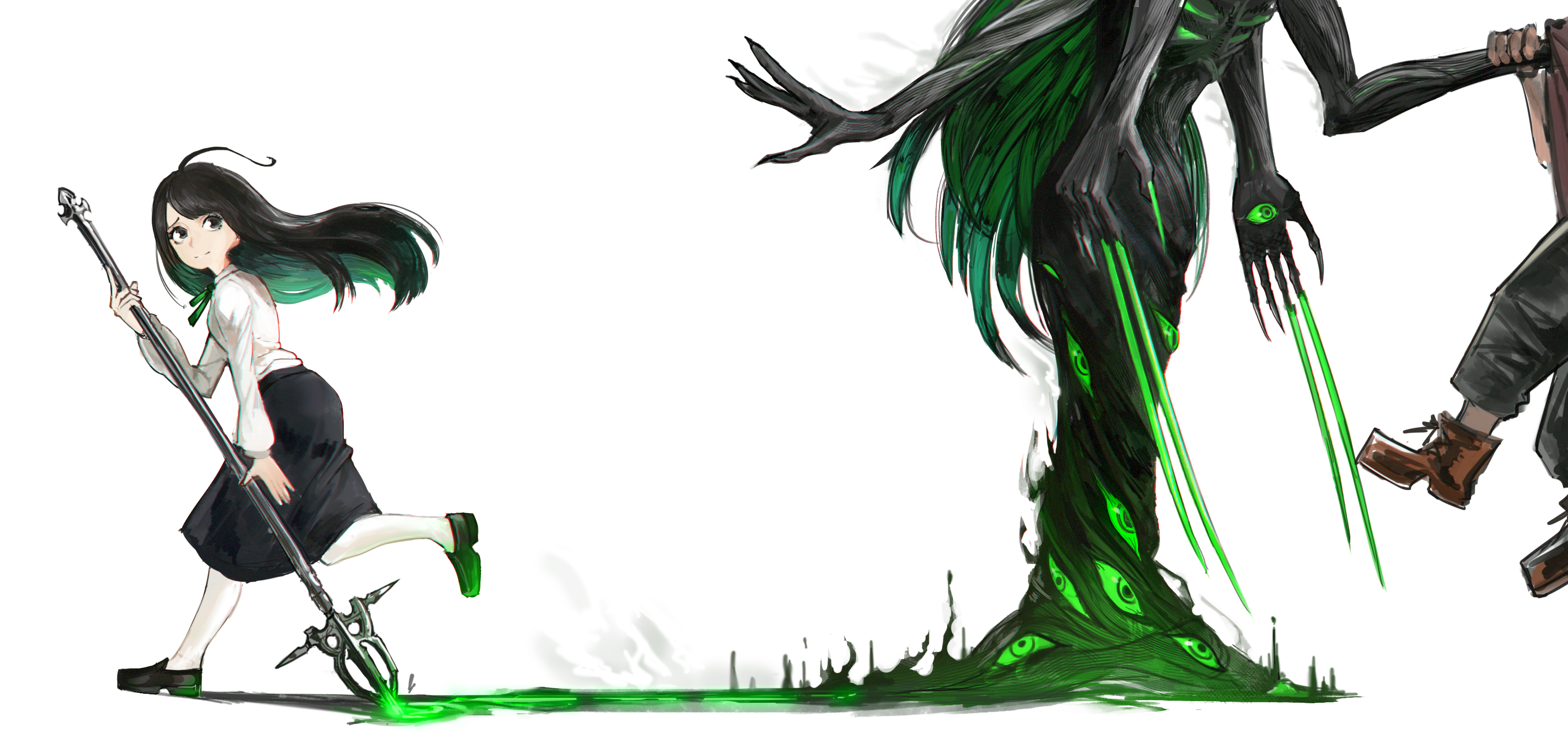 Girl with spear facing a monster with eyes HD Wallpaper