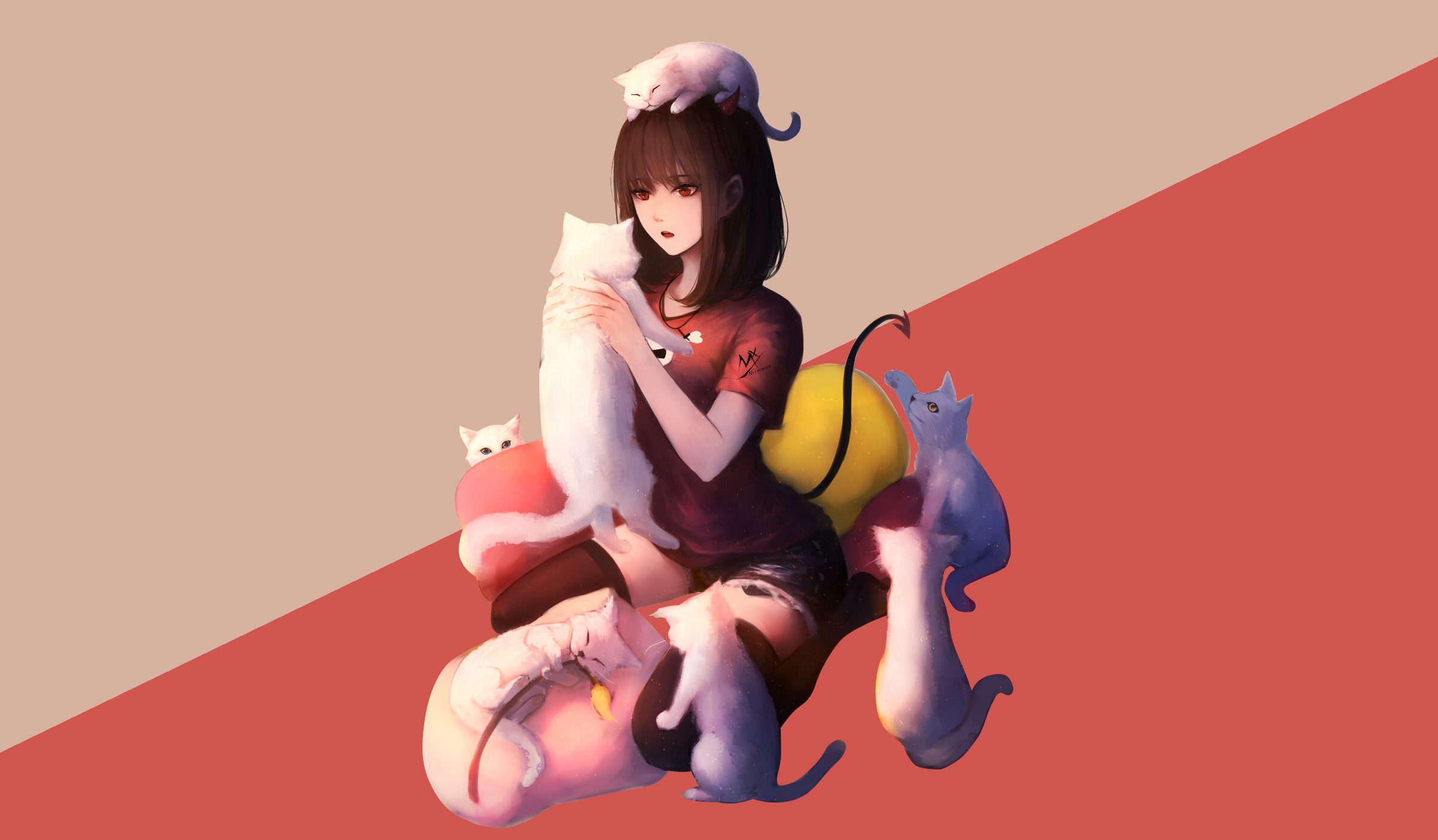 Girl with Cats and Devil Tail HD Wallpaper