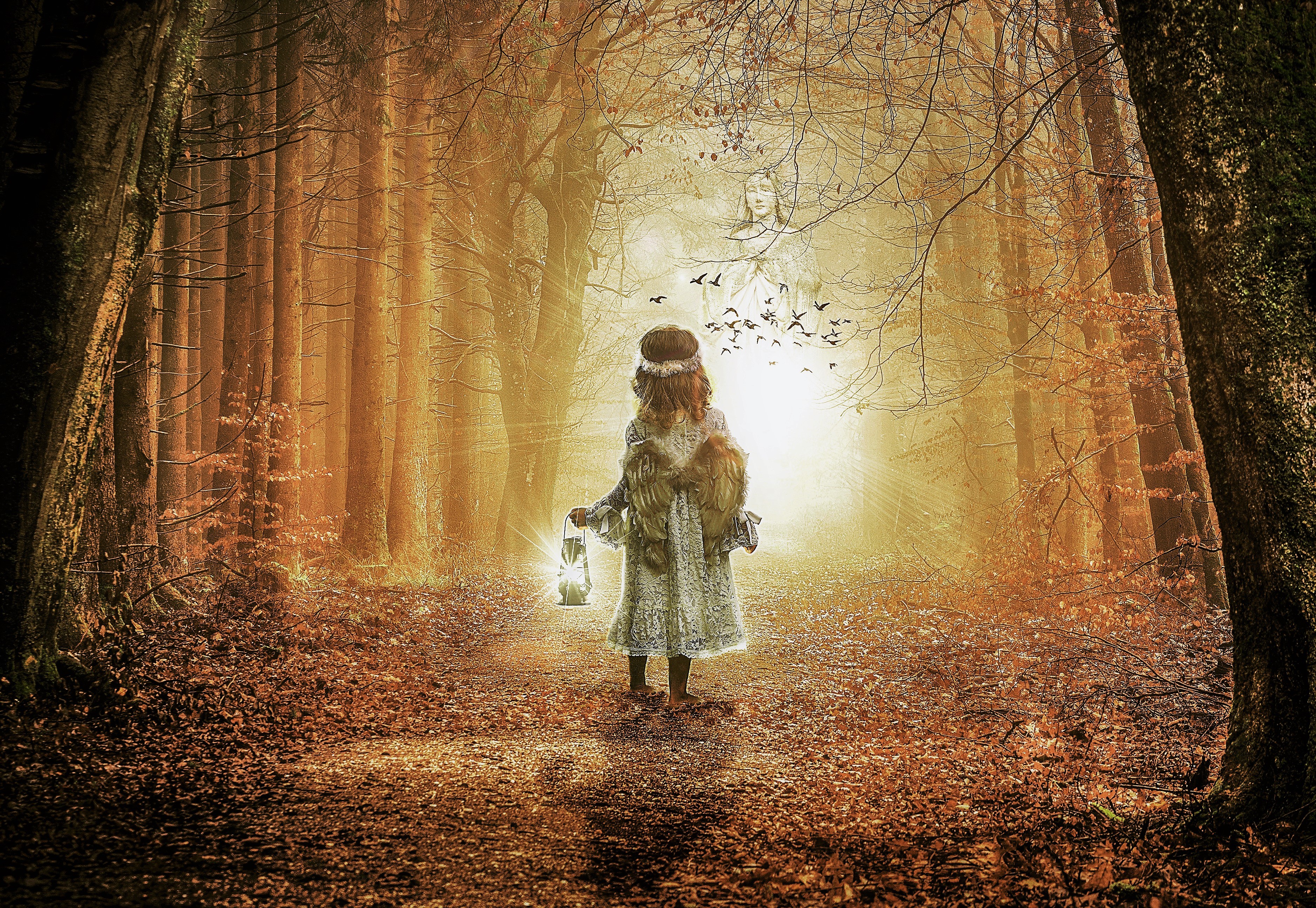 Little Girl with Lantern and Angel in Autumn Forest HD Wallpaper