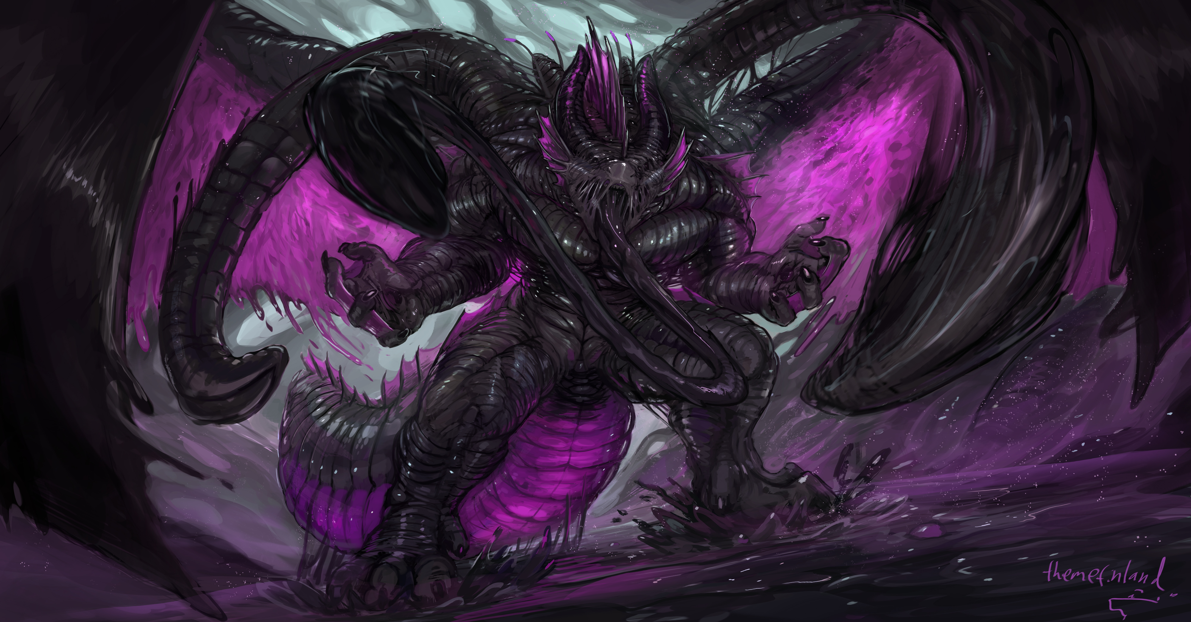 A dark, monstrous creature with purple accents HD Wallpaper