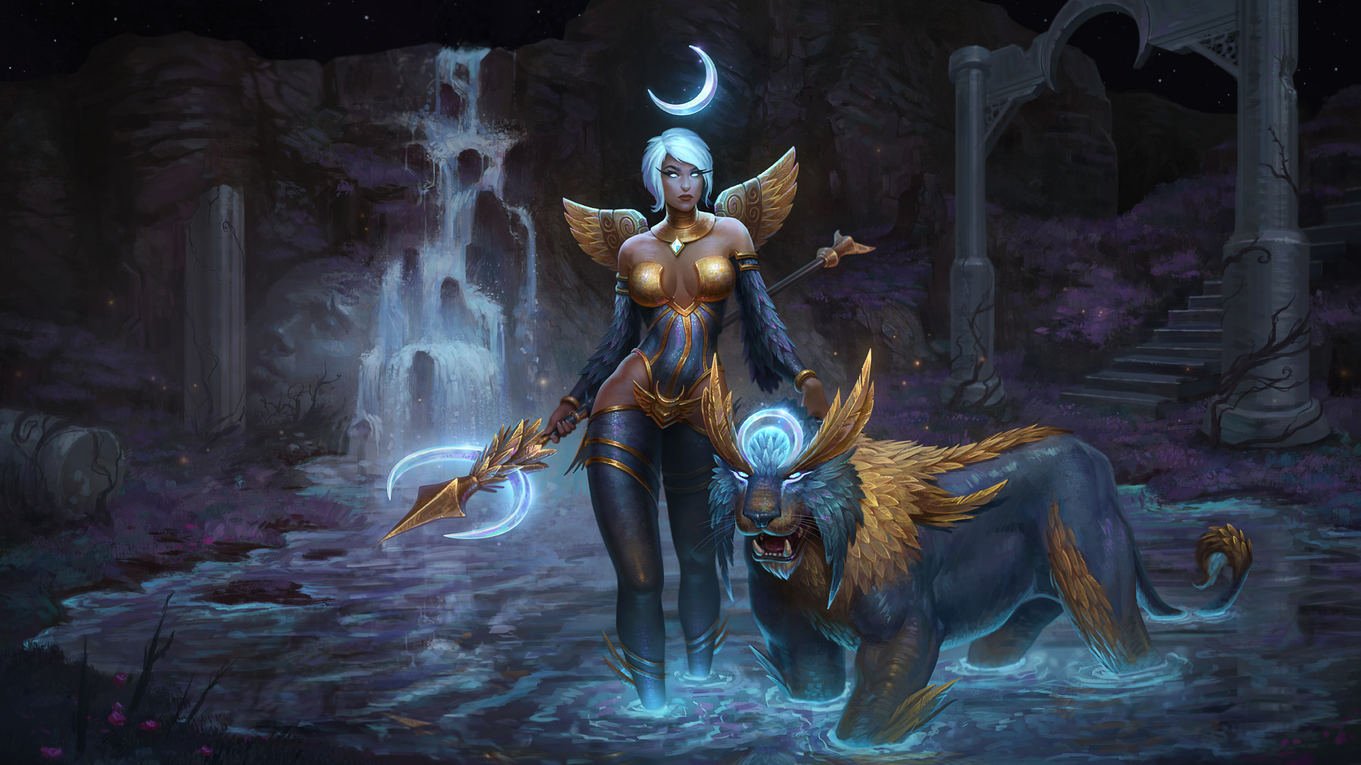 Awilix from Smite with a lion companion HD Wallpaper