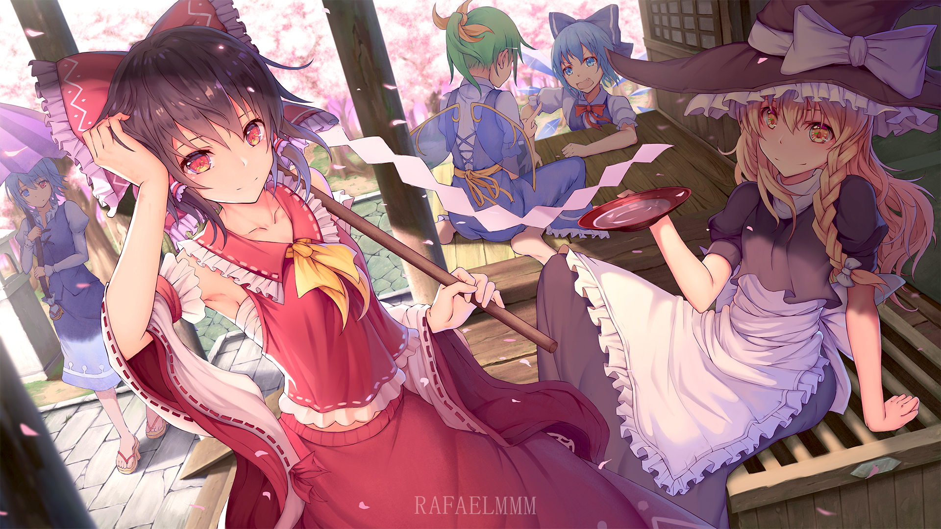 Reimu Hakurei, Marisa Kirisame, Cirno, Daiyousei, and Kogasa Tatara from Touhou HD Wallpaper